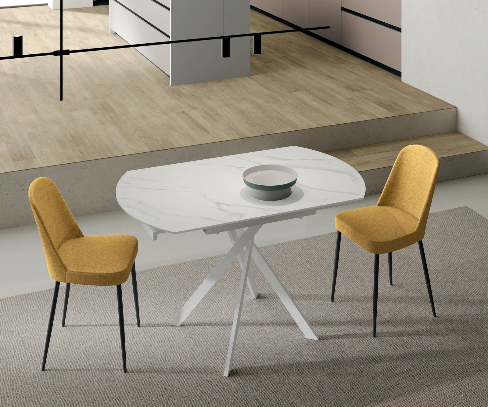 Tavolo allungabile Roll Stones Calacatta bianco con sedie gialle