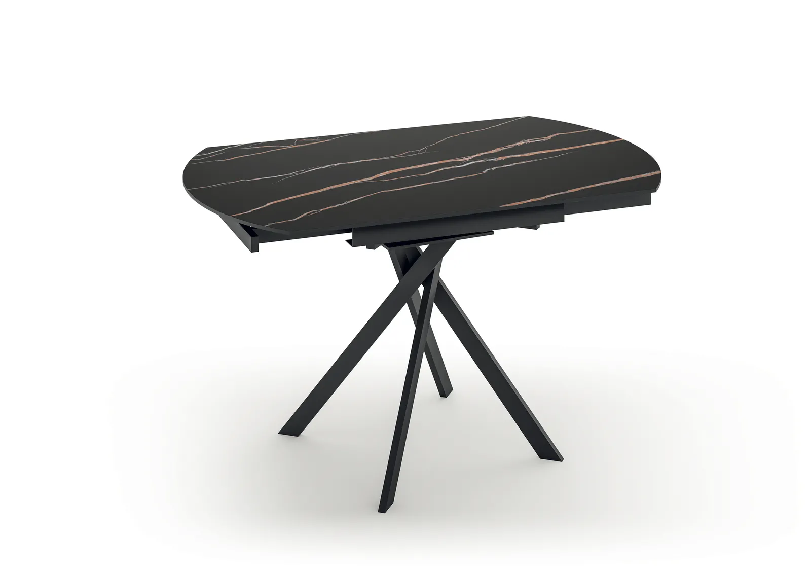 Tavolo Roll Stones con piano Portoro nero e gambe incrociate su fondo bianco