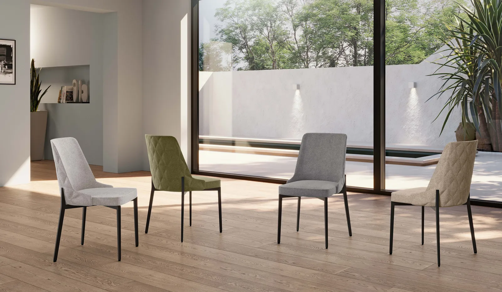 Sedie Ambra Stones grigio chiaro in una sala da pranzo luminosa