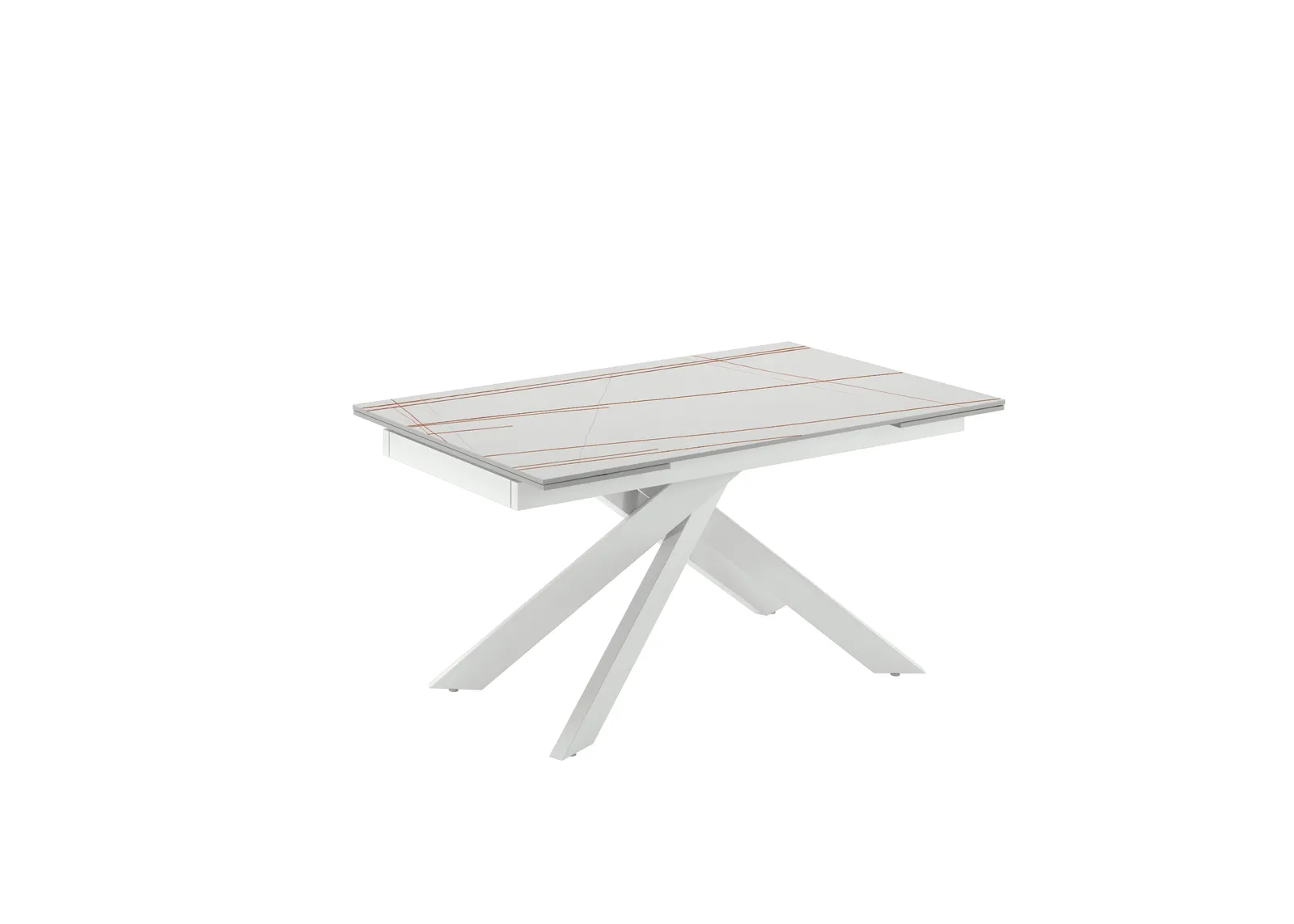 Tavolo allungabile Ares Stones bianco con gambe incrociate su fondo bianco