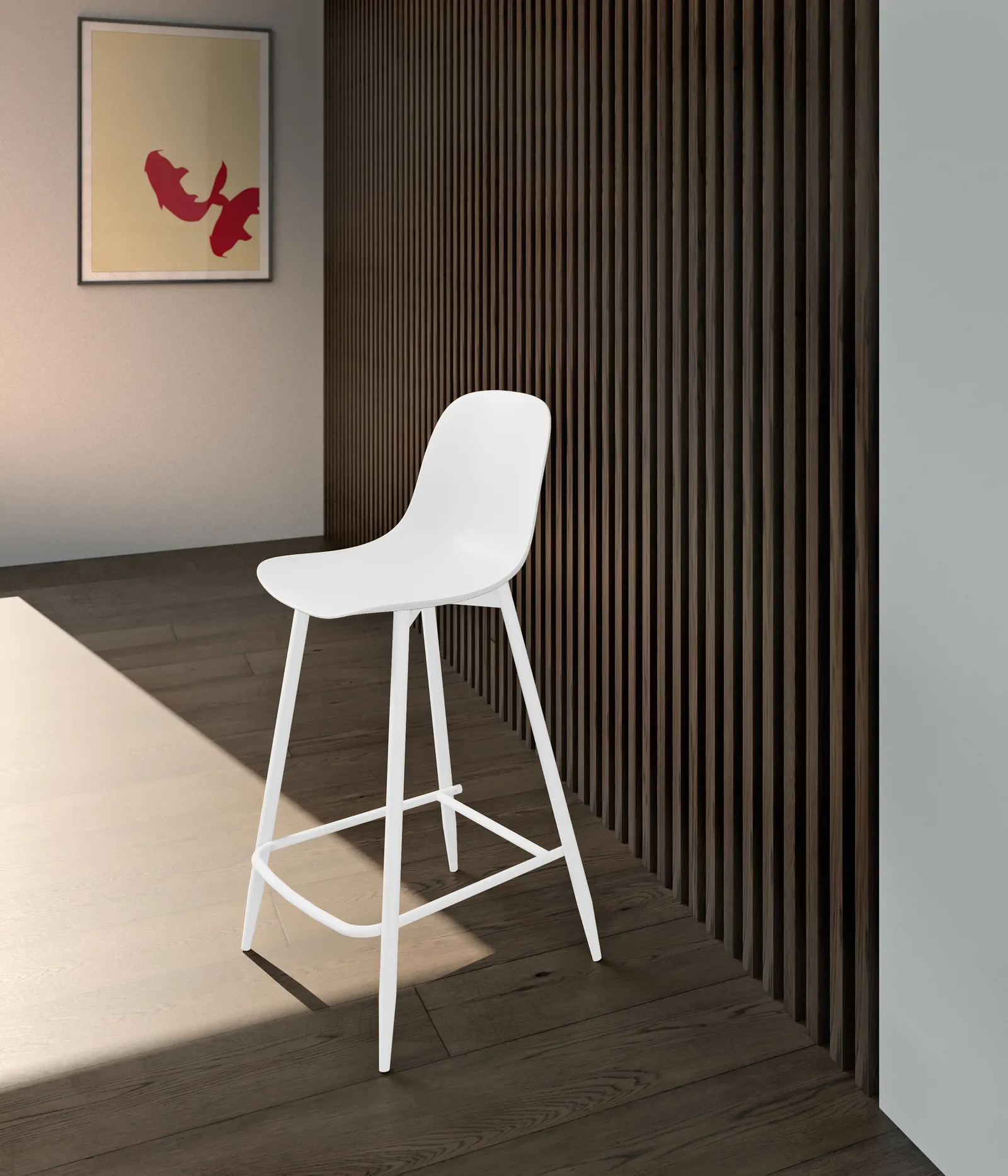 Sgabello Frida Stones bianco con base nera in un ambiente scuro