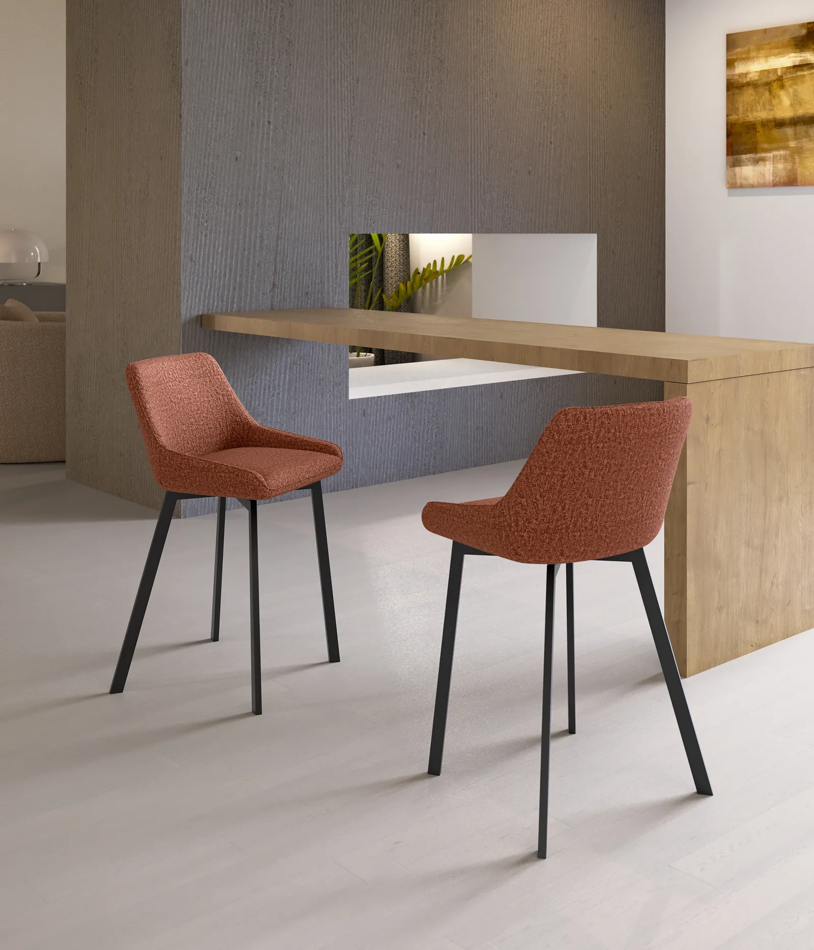 Sgabelli Fox Stones color ruggine a una penisola in cucina