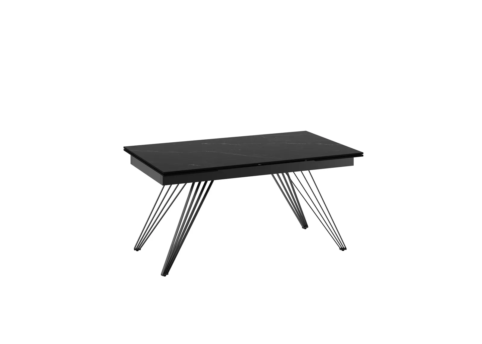 Tavolo allungabile Match 1 Stones marmo nero con gambe radiali su fondo bianco