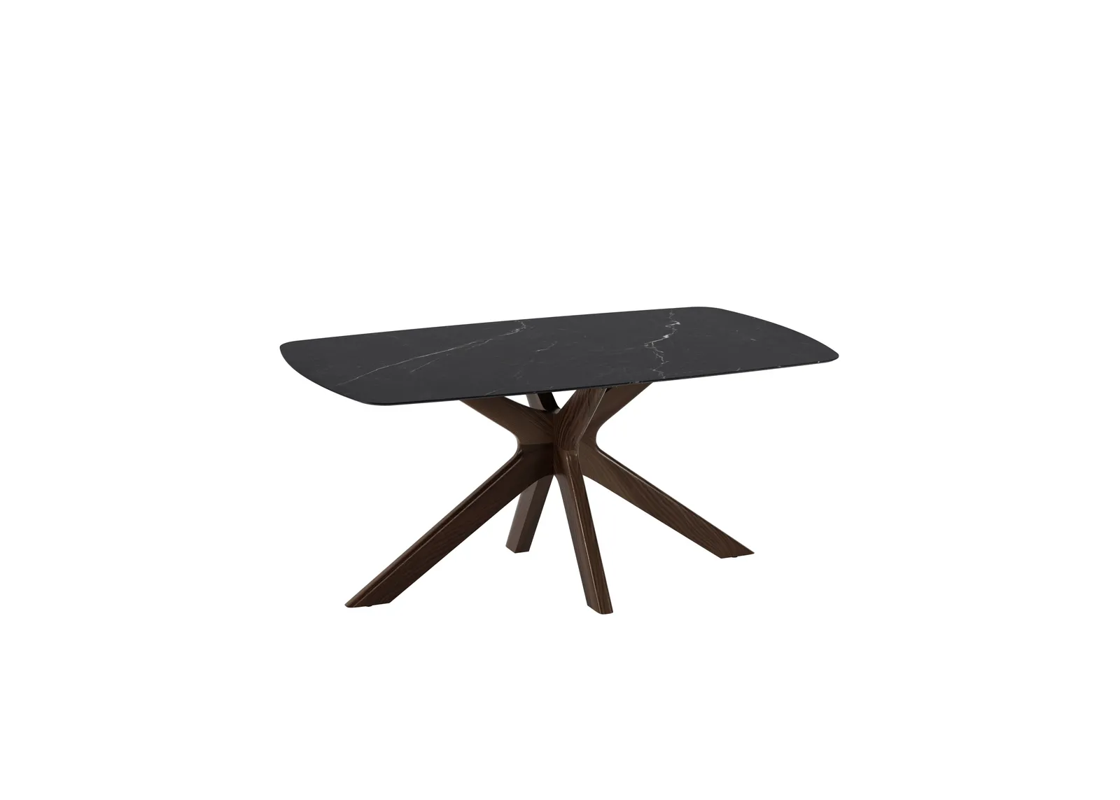 Tavolo Gemini Stones marmo nero con base a stella in noce su fondo bianco