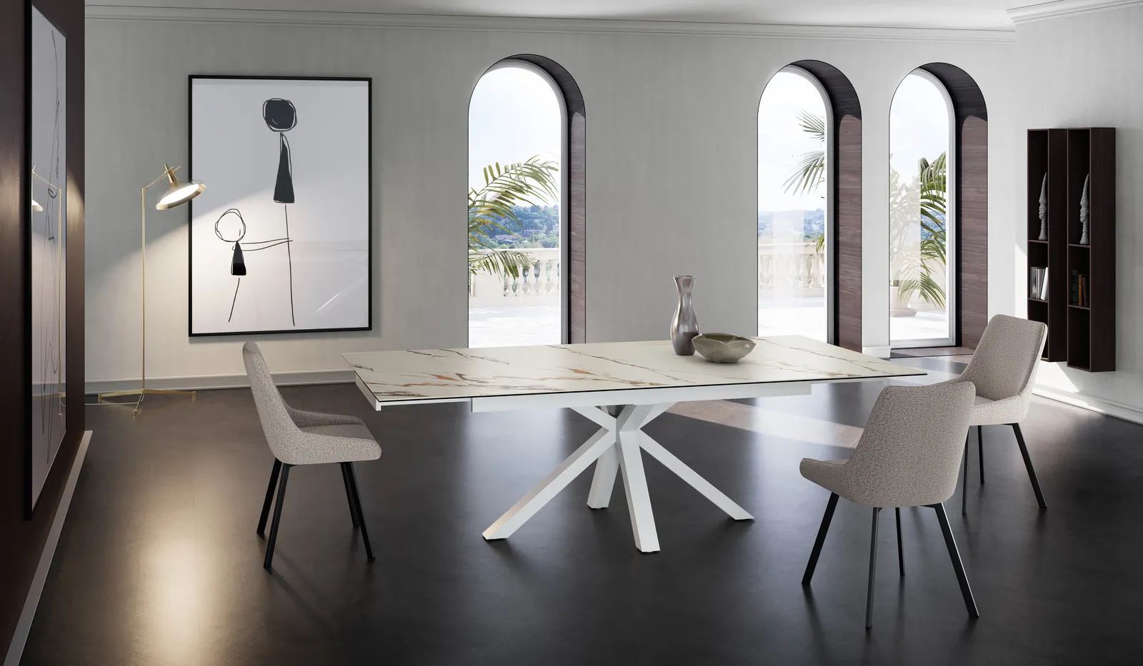 Tavolo Ceramica 1 Stones Calacatta con base bianca in una sala con finestre ad arco