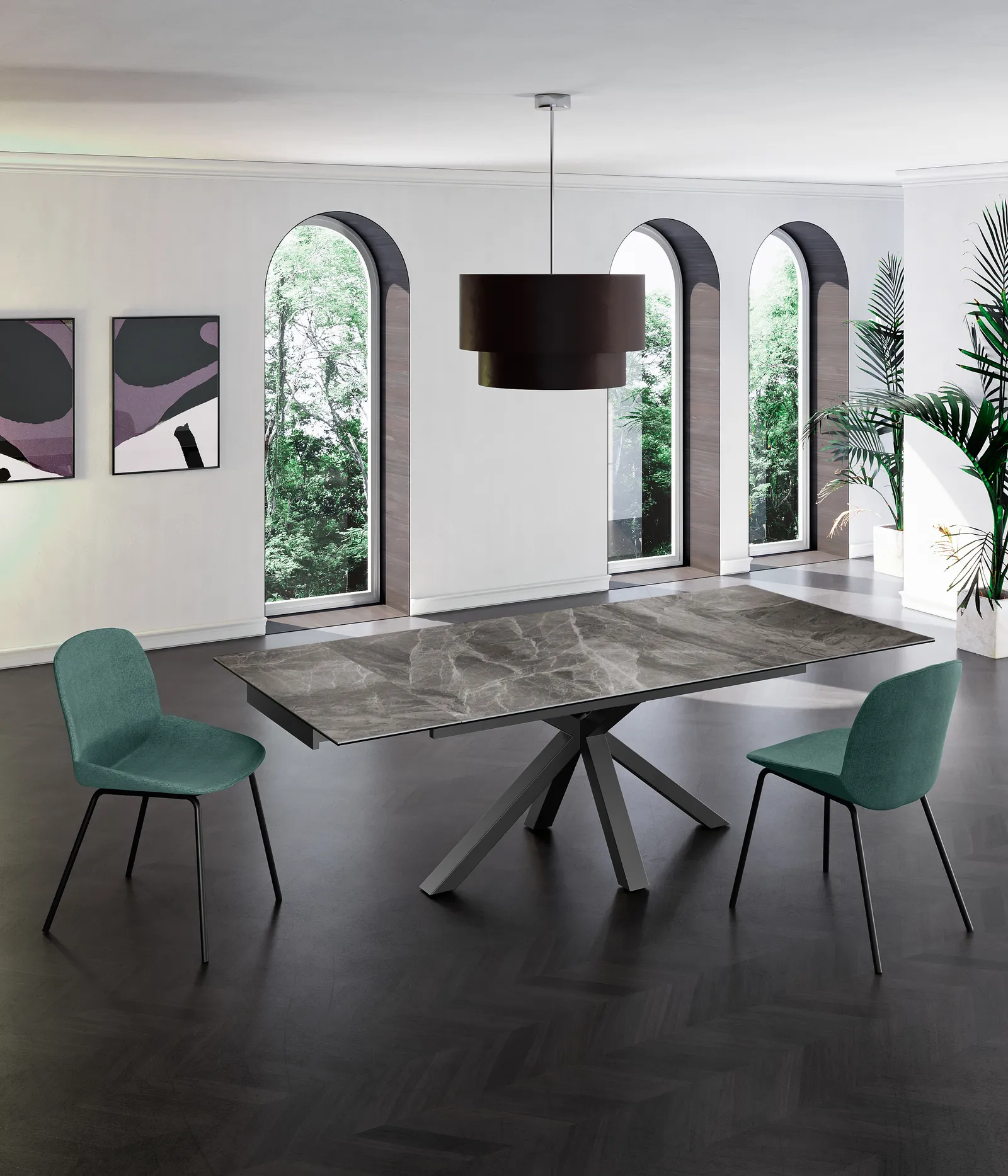 Tavolo Ceramica 1 Stones marmo antracite con sedie verdi