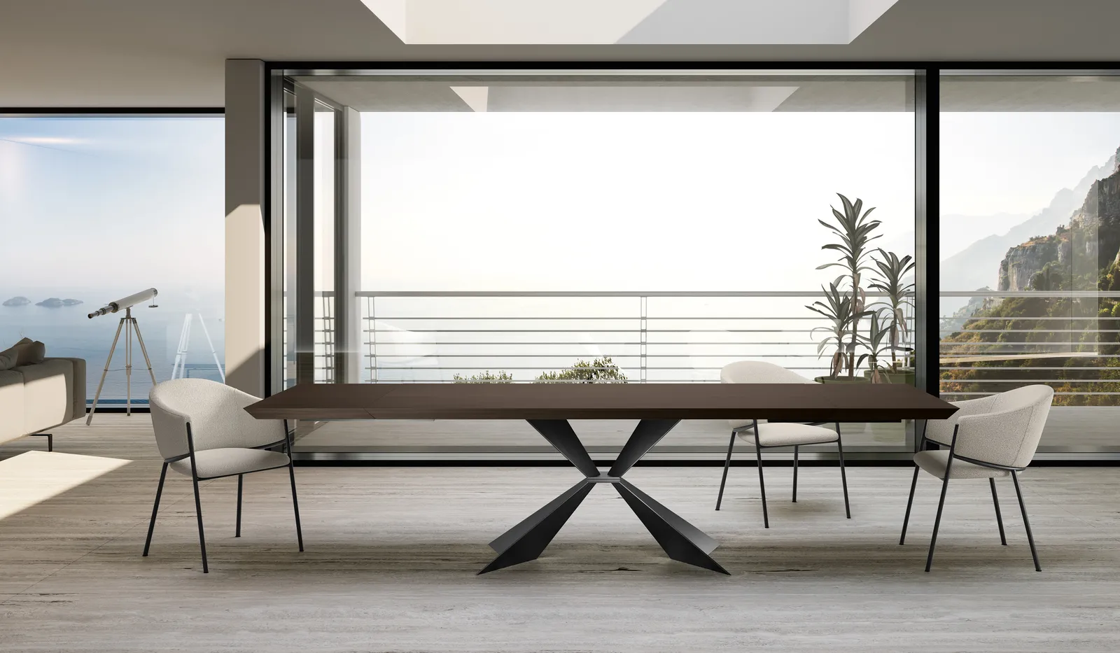 Tavolo Stark Stones in rovere termocotto in un ambiente con vista sul giardino