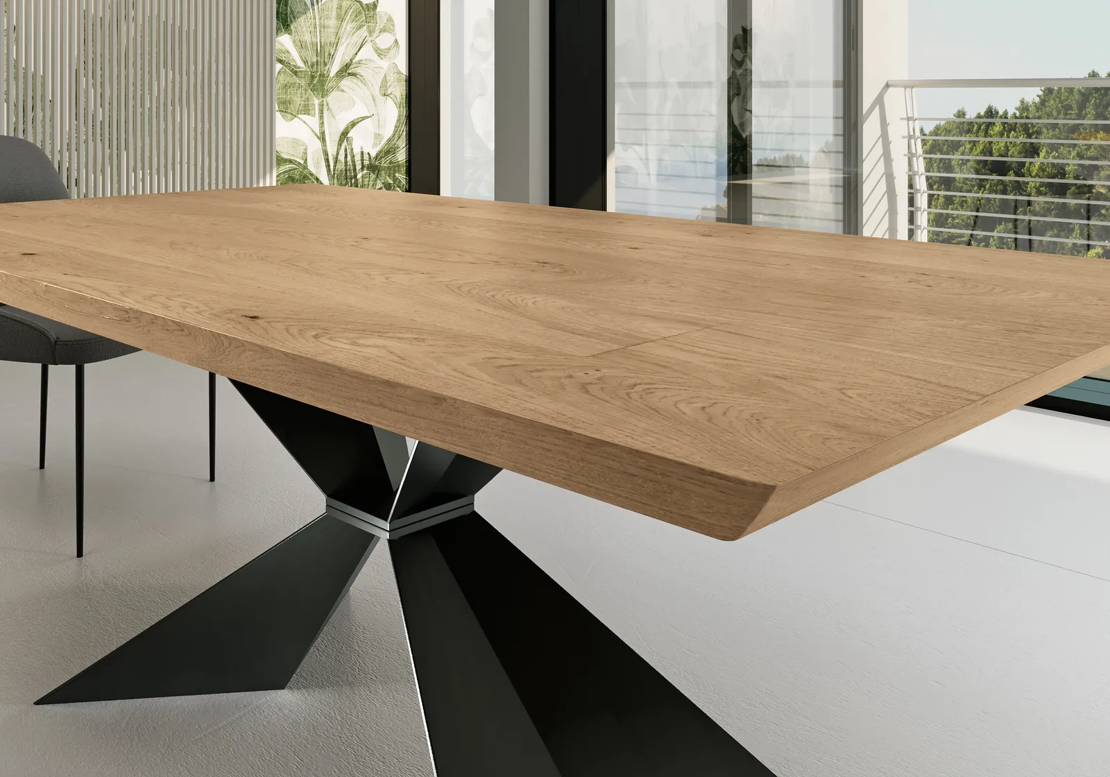 Dettaglio del piano in rovere naturale e della base nera del tavolo Stark Stones