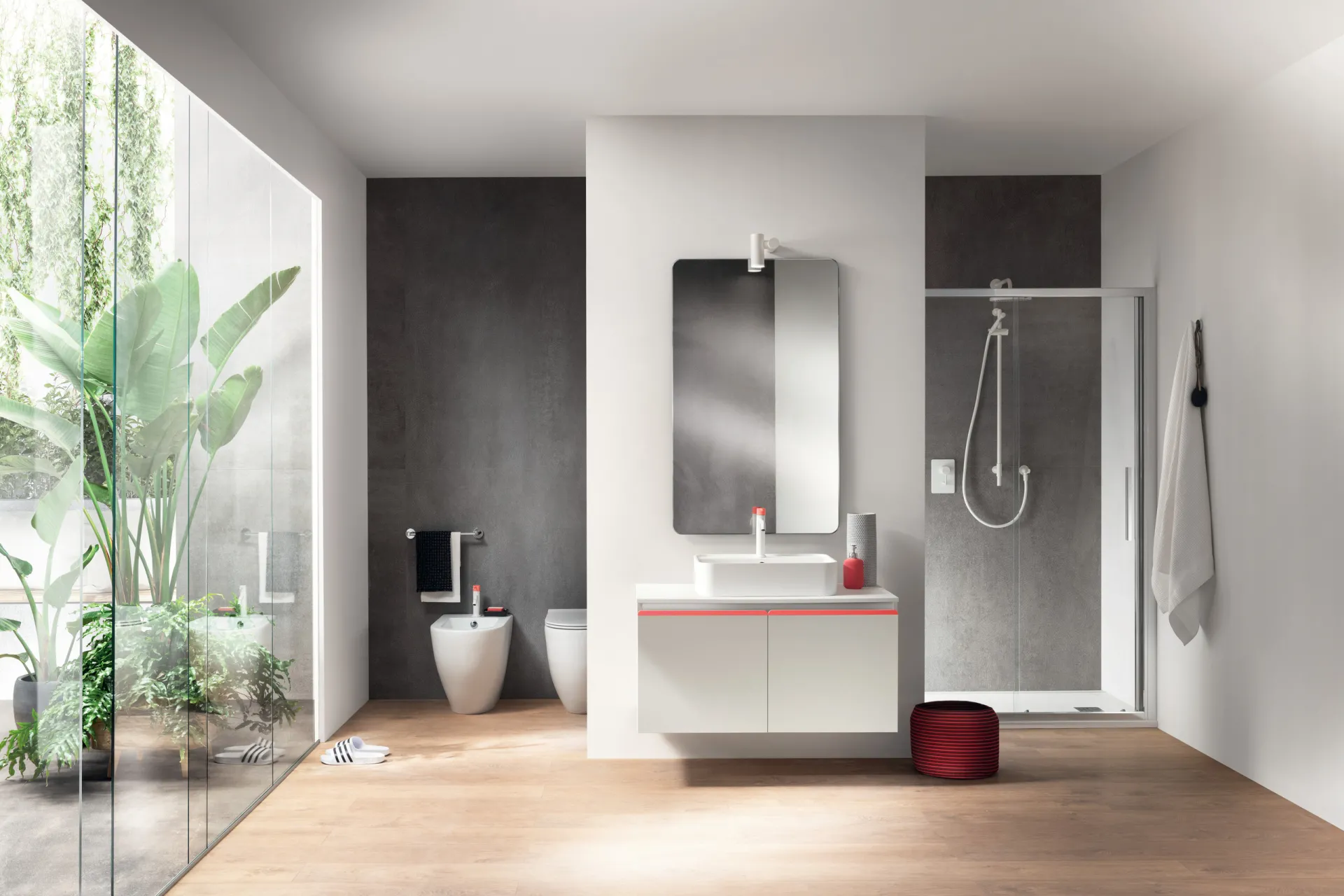Bagno Dandy Plus Scavolini con base sospesa bianca dal profilo rosso, specchio alto e doccia