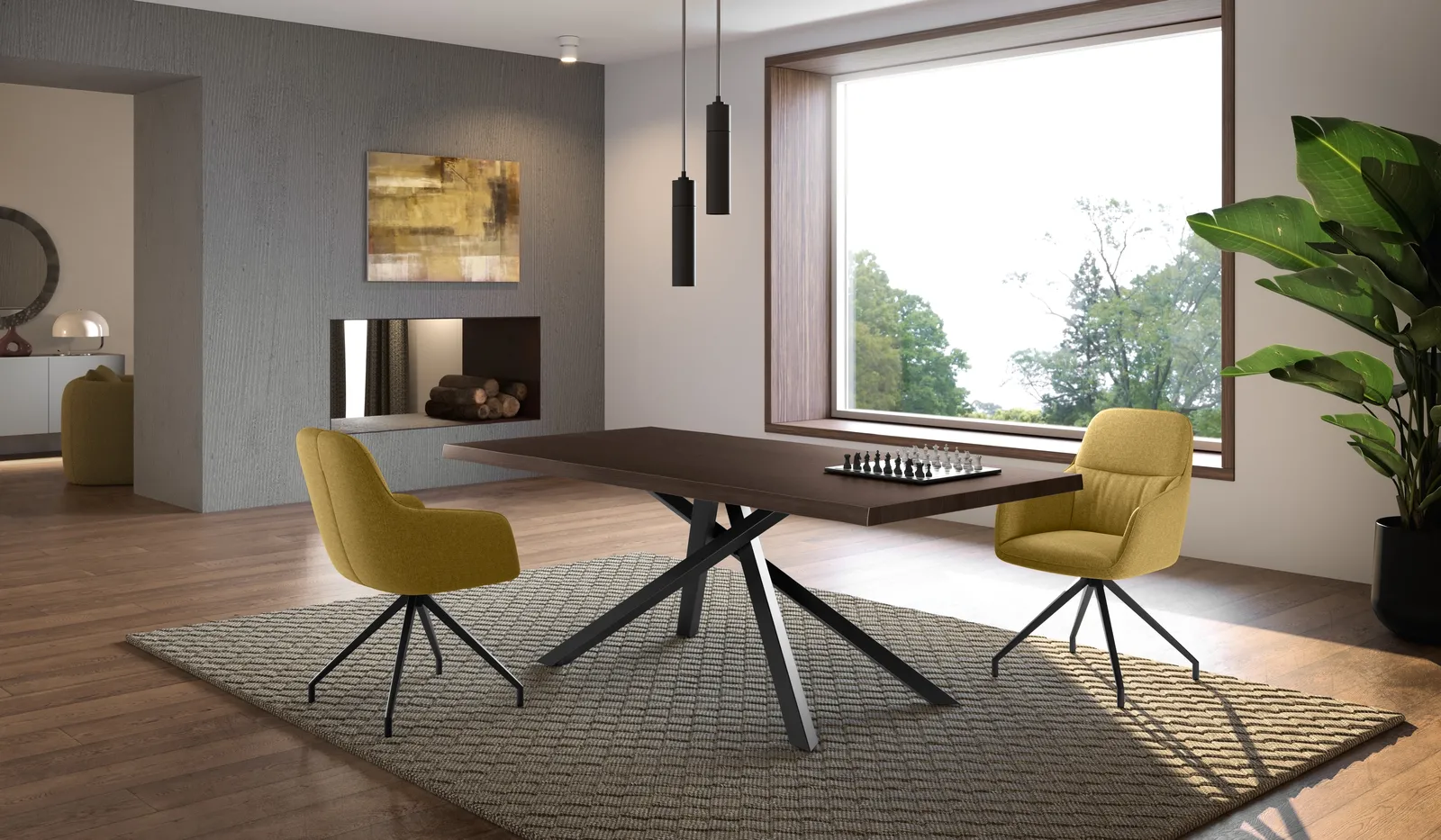 Tavolo Spike Stones in rovere termocotto con sedie gialle in una sala da pranzo