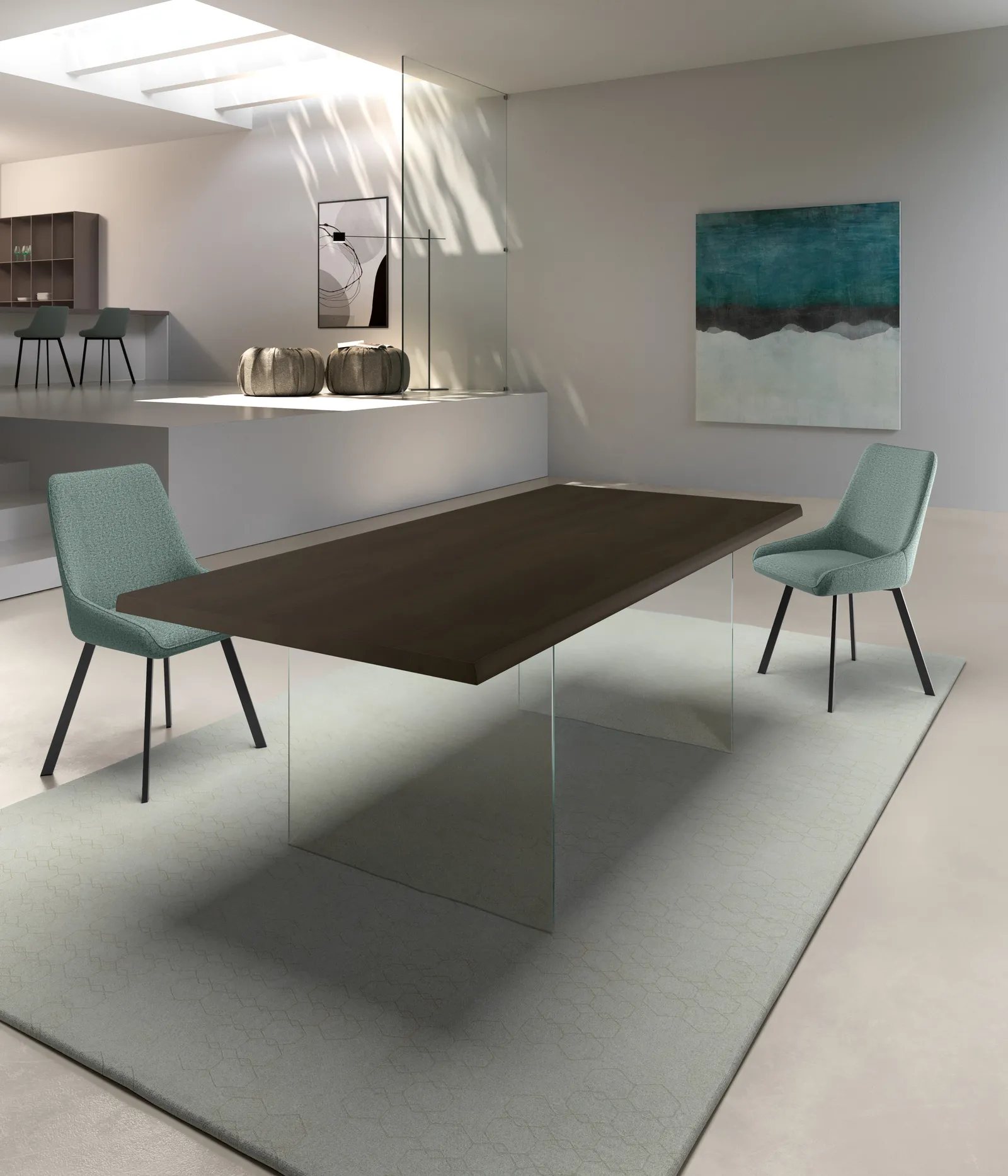 Tavolo Snooker Stones in rovere termocotto con gambe in vetro e sedie verde acqua