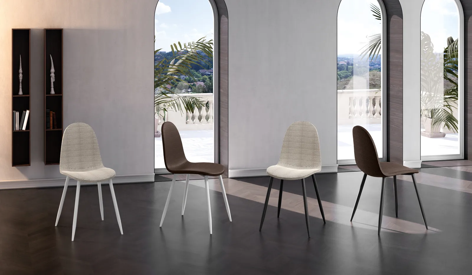 Sedie Martina Stones beige e marroni in una sala con finestre ad arco