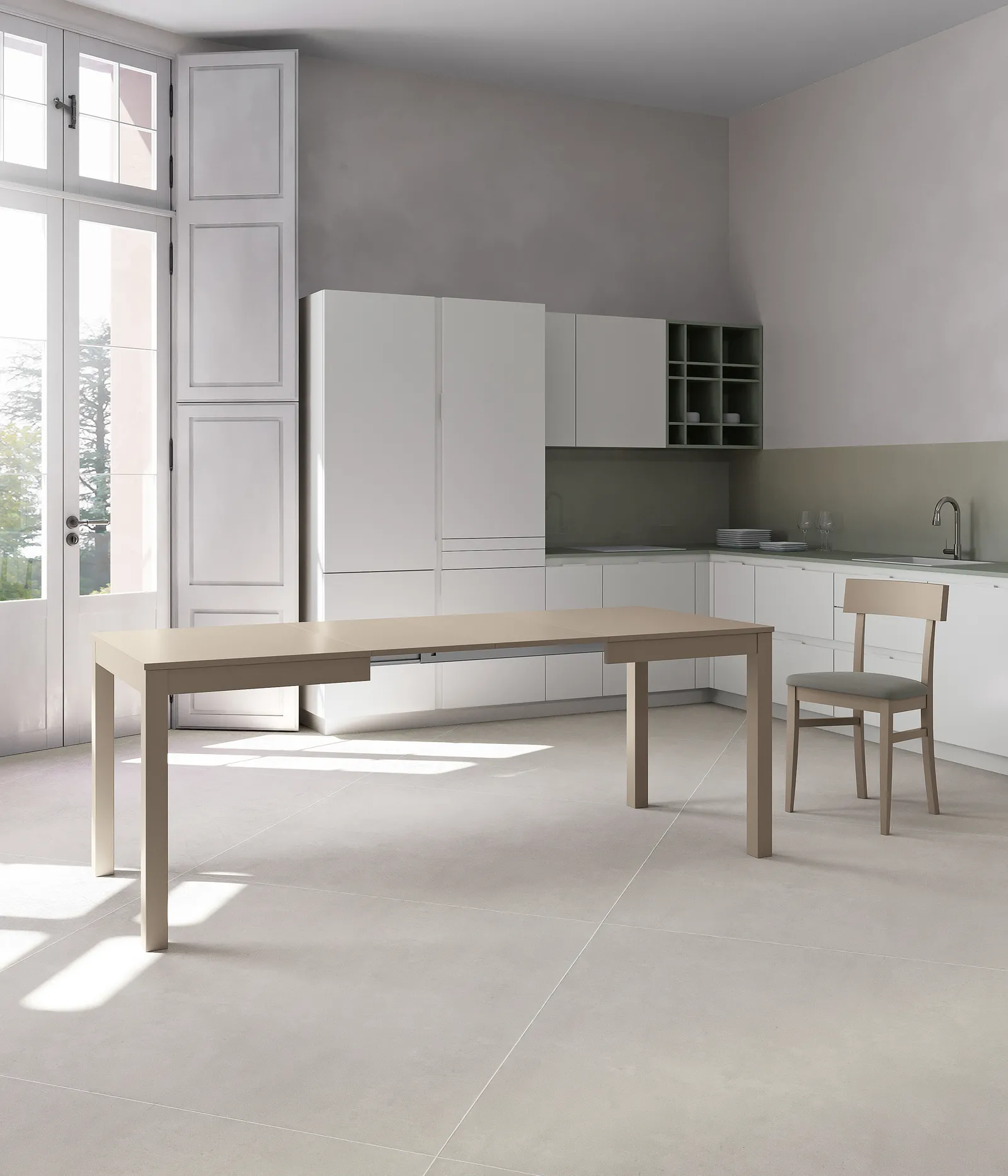 Tavolo allungabile Traffic Stones tortora aperto in una cucina
