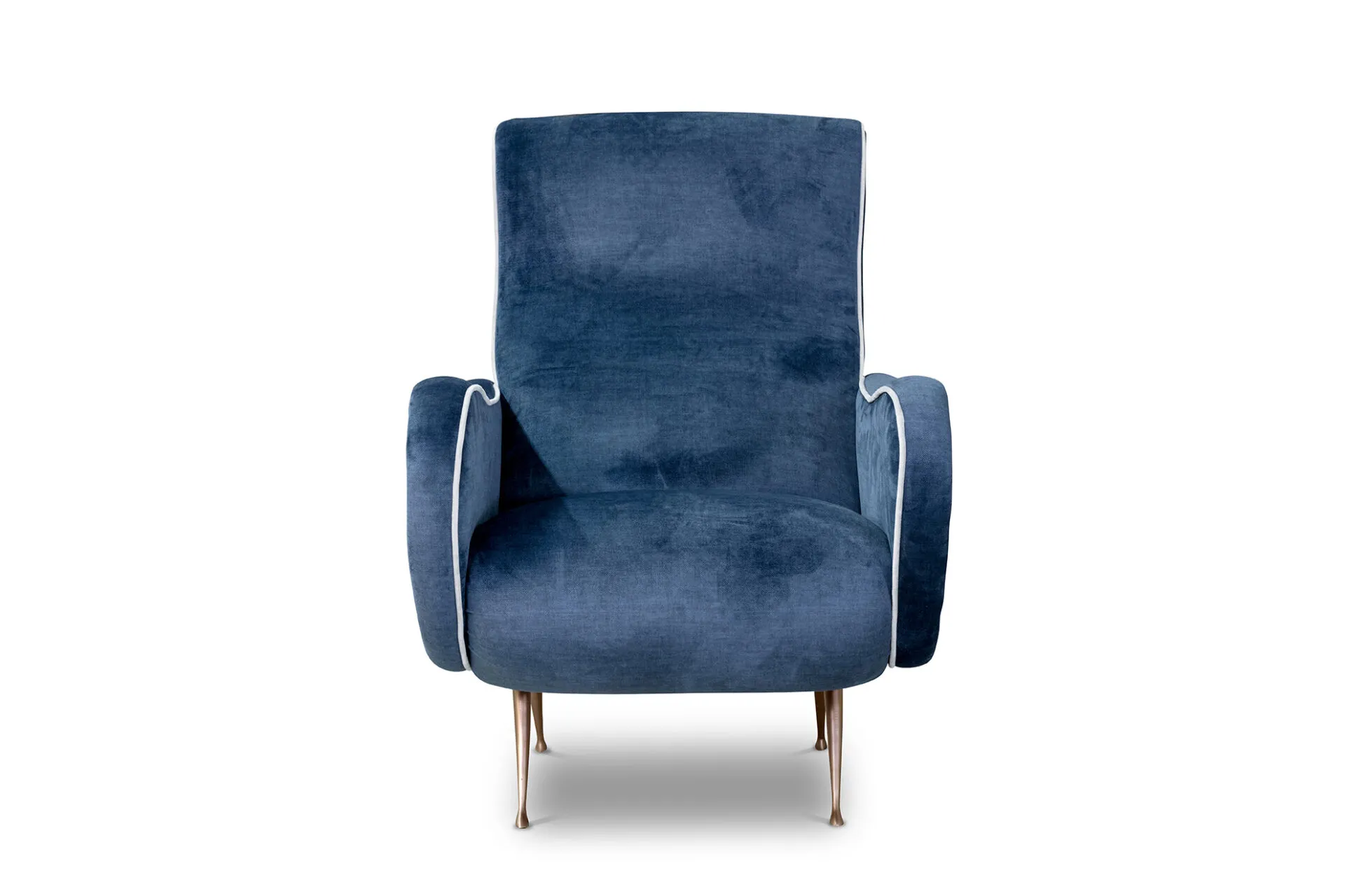 Poltroncina Tosato 52.18 in velluto blu con cordoncino bianco vista di fronte