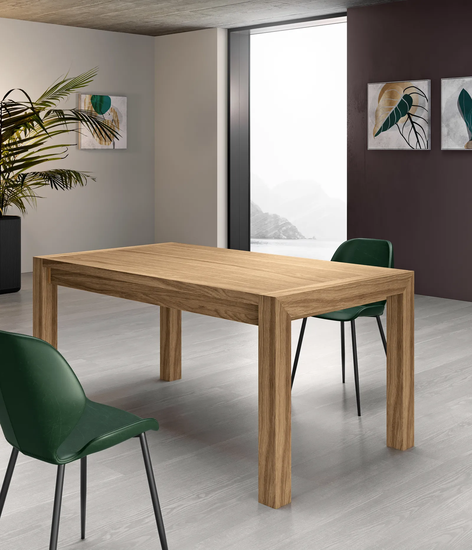 Tavolo Nevada Stones in rovere naturale con sedie verdi