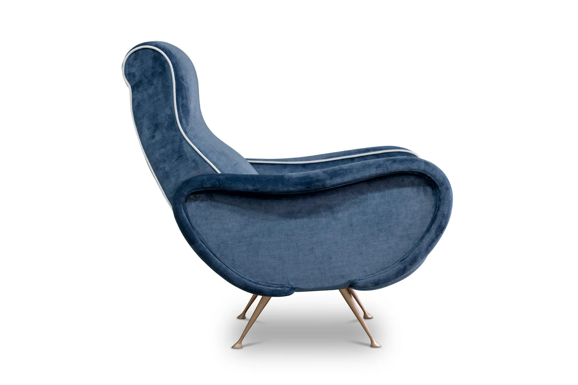 Poltroncina Tosato 52.18 vista di lato, con gambe sottili in metallo bronzo