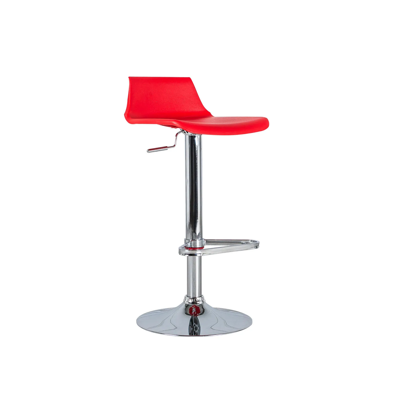 Sgabello regolabile Fred Stones rosso con base cromata su fondo bianco