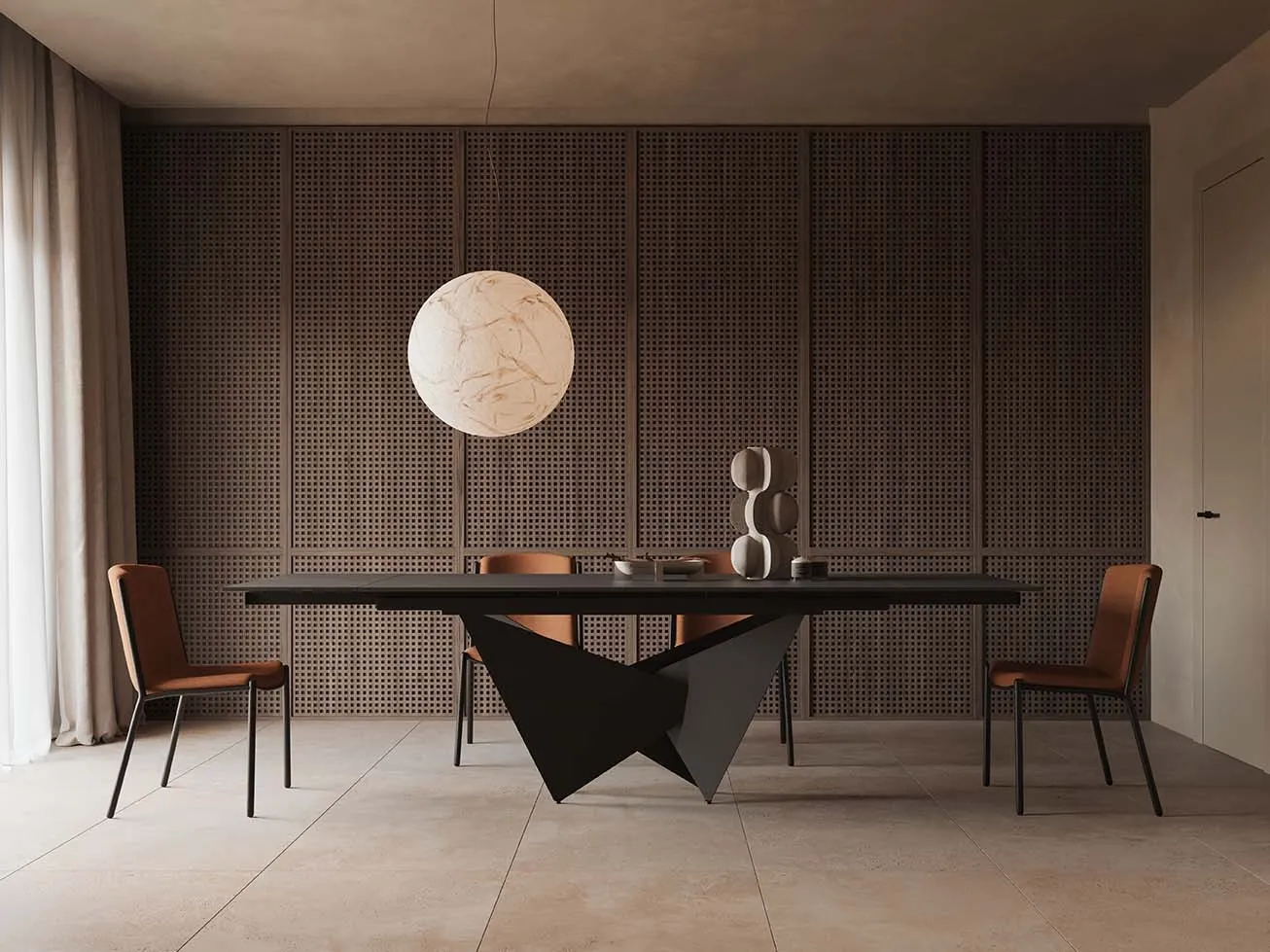 Tavolo Aliseo Target Point allungabile con piano scuro e base a vele in una sala con pareti in legno