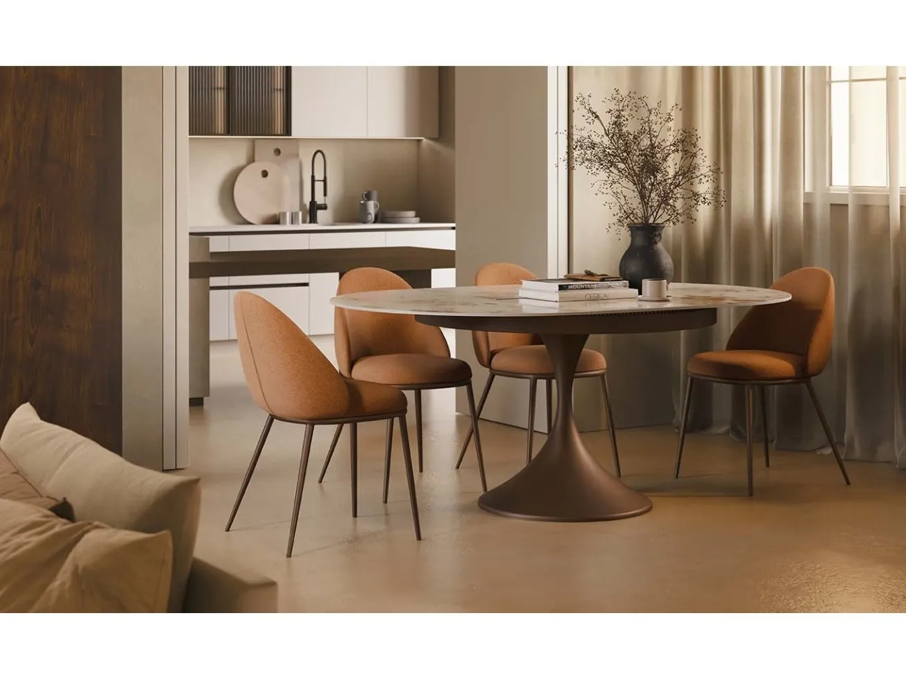 Tavolo rotondo Jazz Target Point con base color terra e sedie color cuoio in una cucina