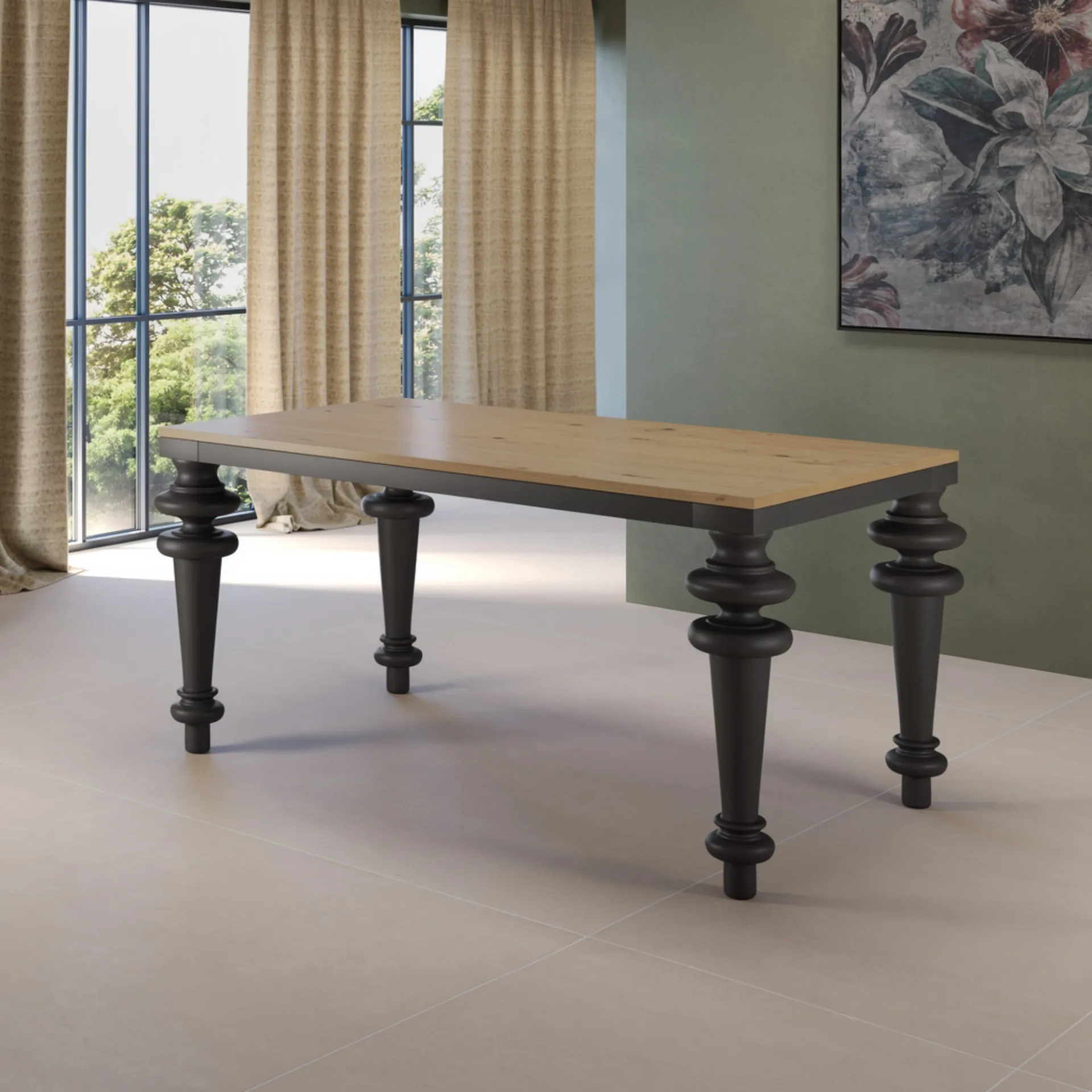 Tavolo Raffaello Tecnolegno con piano rovere e gambe tornite nere in un soggiorno con grandi finestre