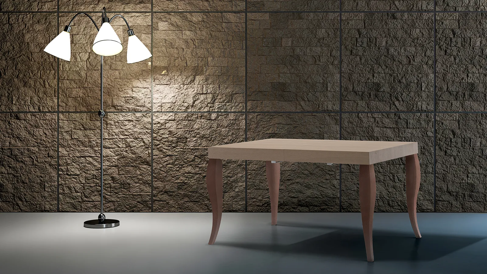 Tavolo Adelaide Tecnolegno con piano effetto legno in un ambiente scuro con lampada a stelo