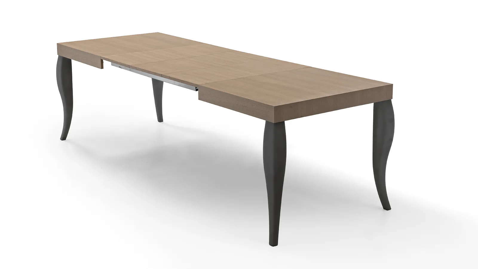 Tavolo Adelaide Tecnolegno aperto con le allunghe, piano effetto legno e gambe curve scure