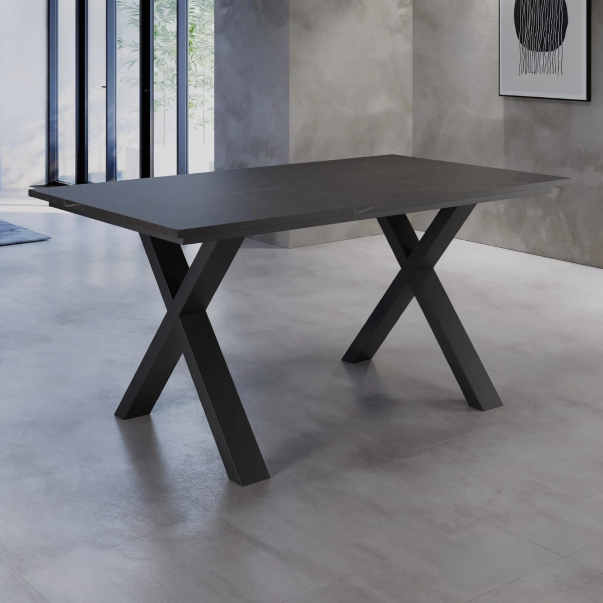 Tavolo allungabile Alba Tecnolegno con piano nero e gambe in metallo nero incrociate a X
