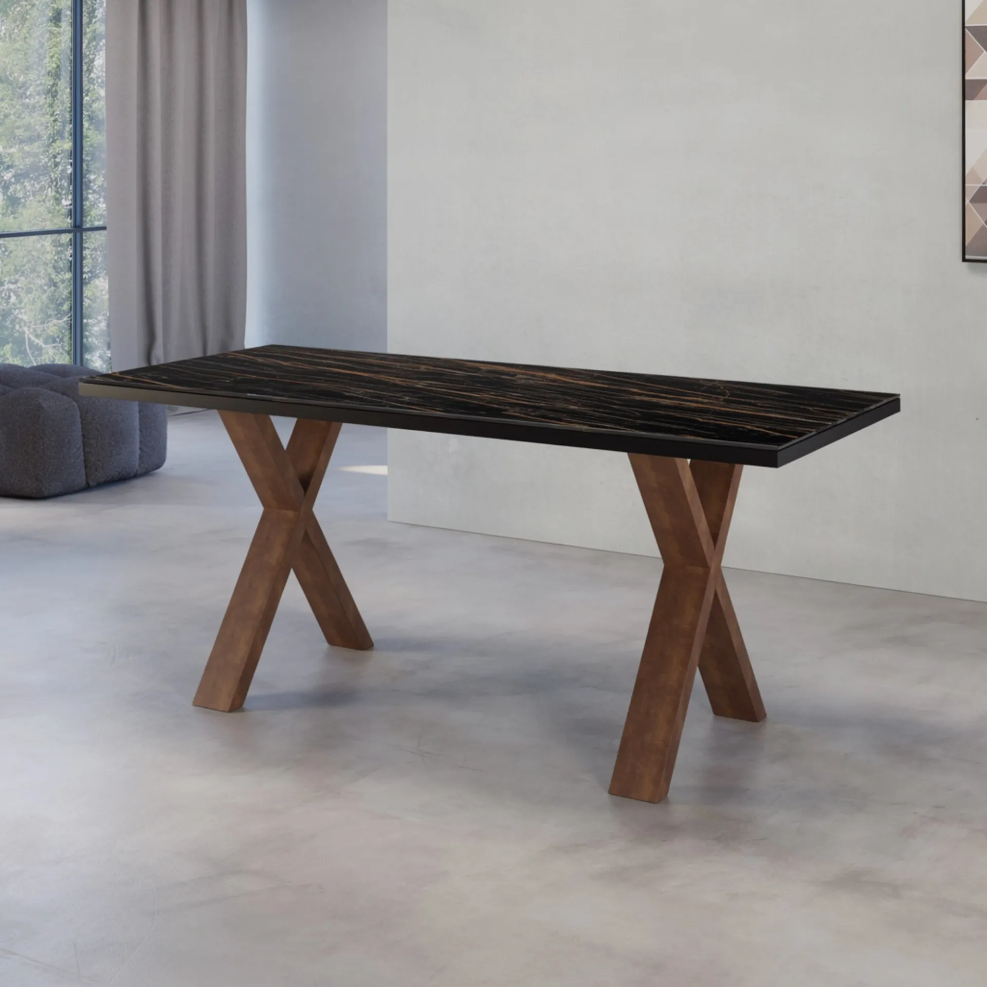 Tavolo Alba Tecnolegno con piano in vetro effetto marmo scuro e gambe a X color legno