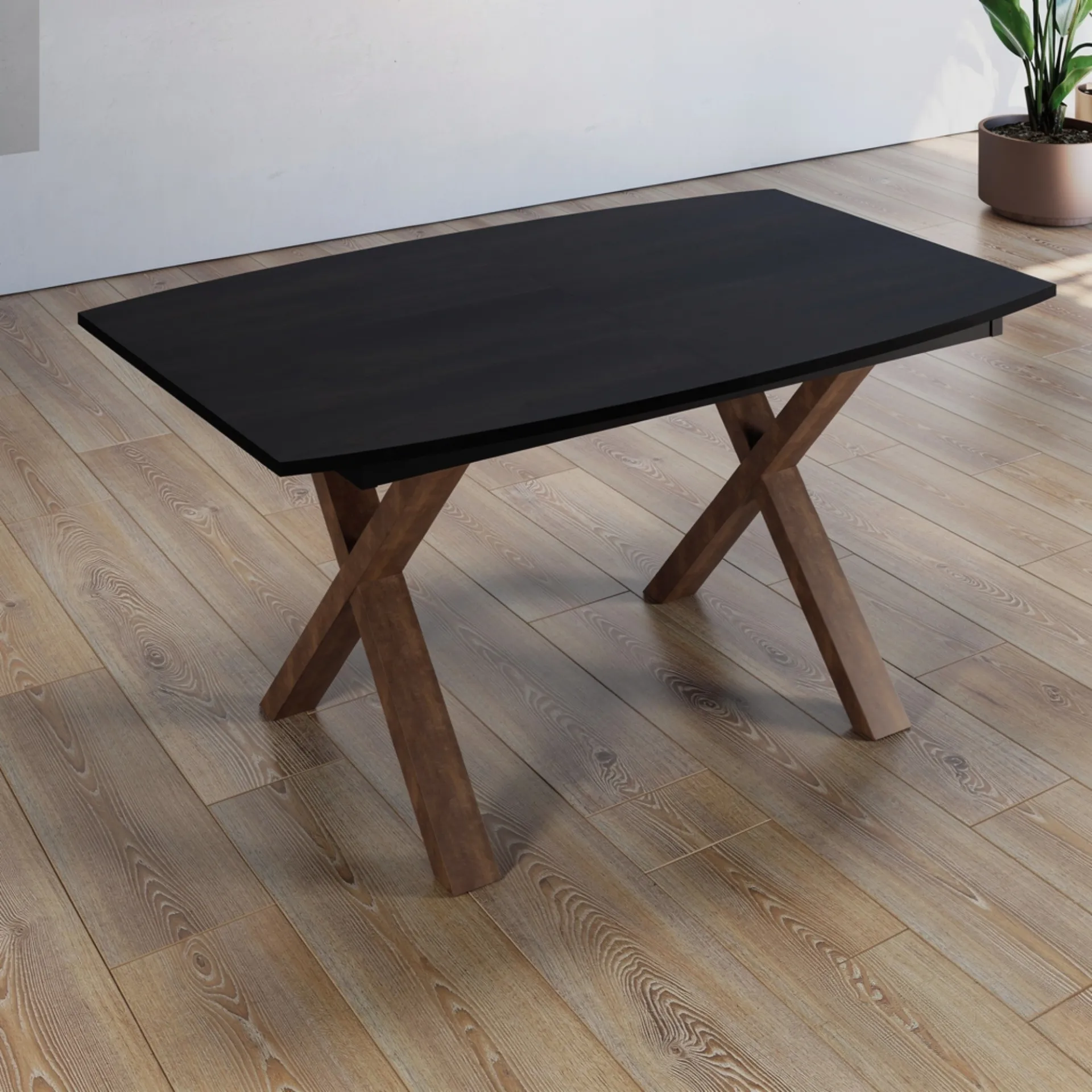 Tavolo Alba botte Tecnolegno con piano nero dai lati curvi su pavimento in legno