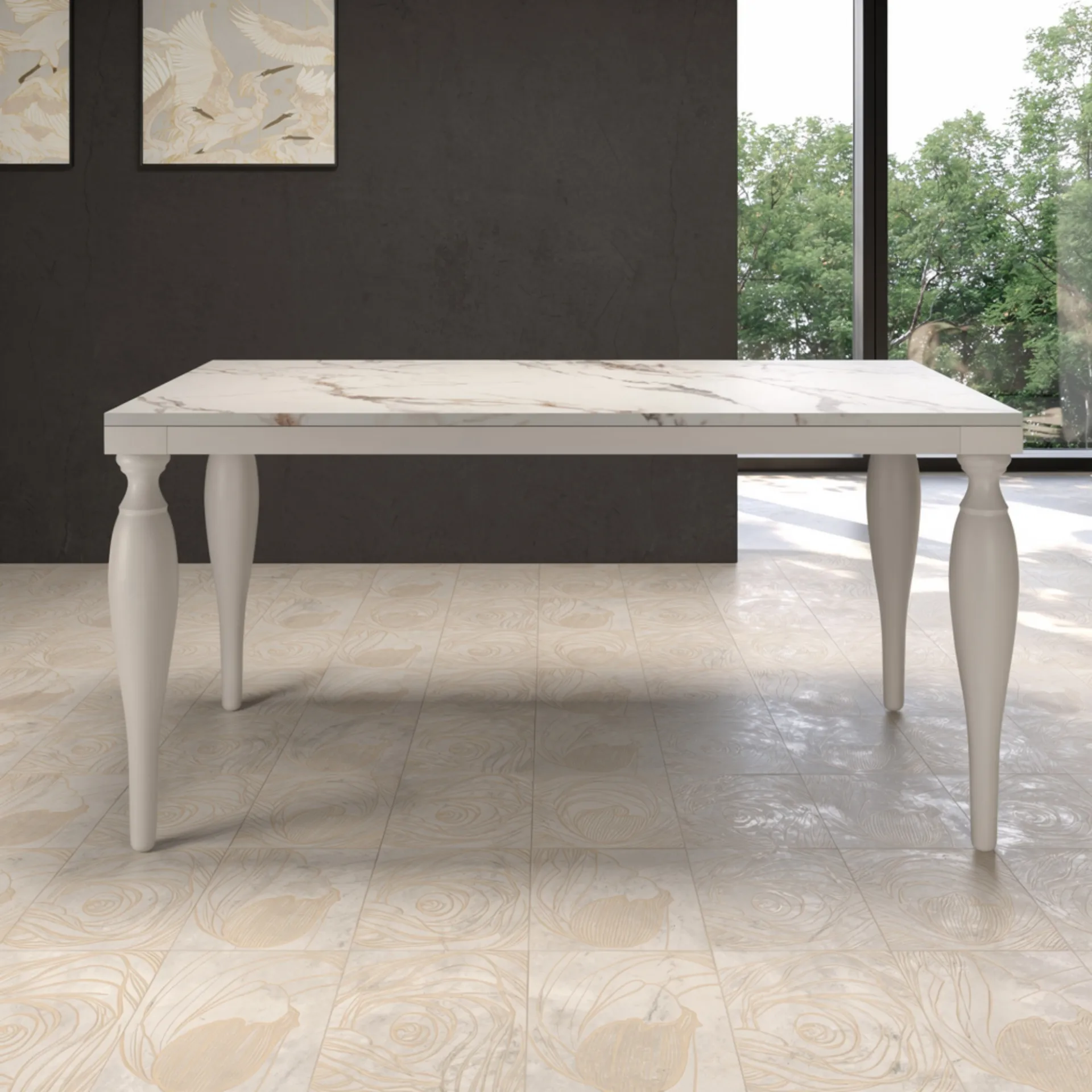 Tavolo allungabile Ancona Tecnolegno con piano effetto marmo chiaro e gambe tornite bianche