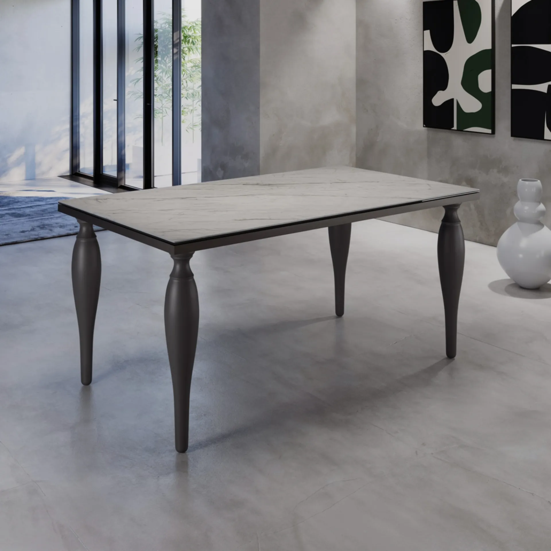 Tavolo Ancona Tecnolegno con piano in ceramica chiara e gambe tornite antracite