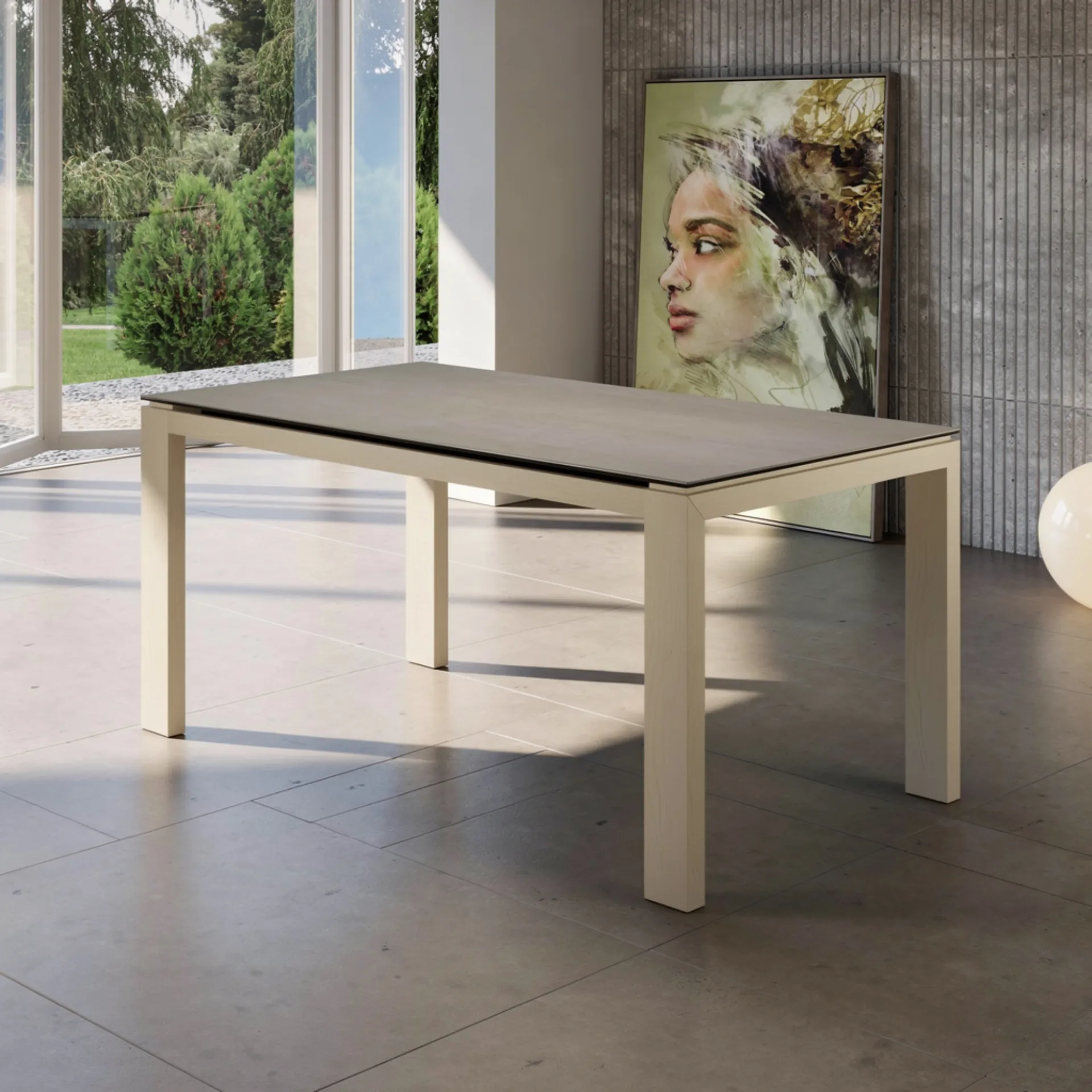 Tavolo allungabile Arezzo Tecnolegno con piano in ceramica grigia e gambe squadrate color crema