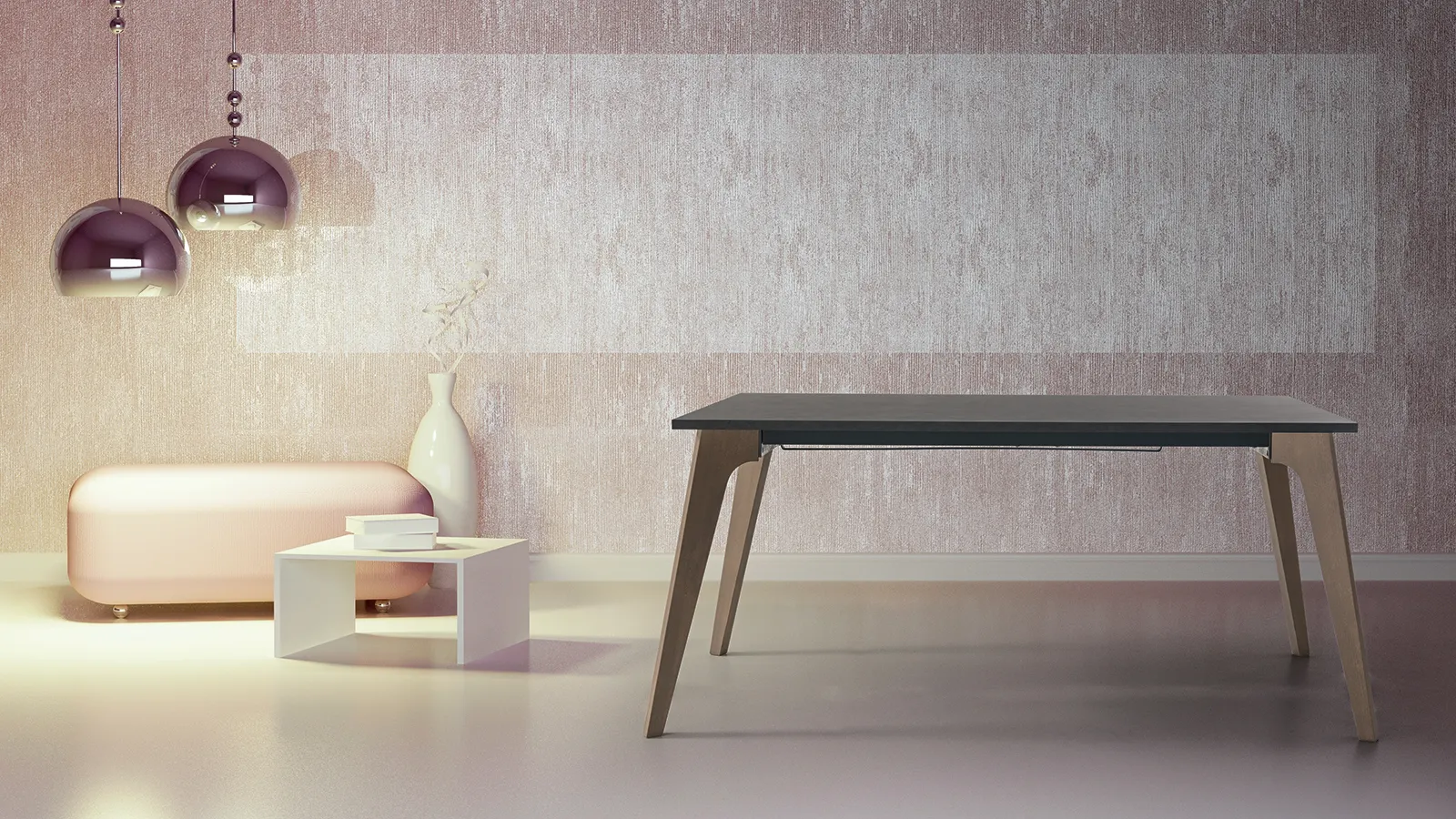 Tavolo Basilea Tecnolegno con piano grigio scuro in un ambiente con lampade a sfera viola