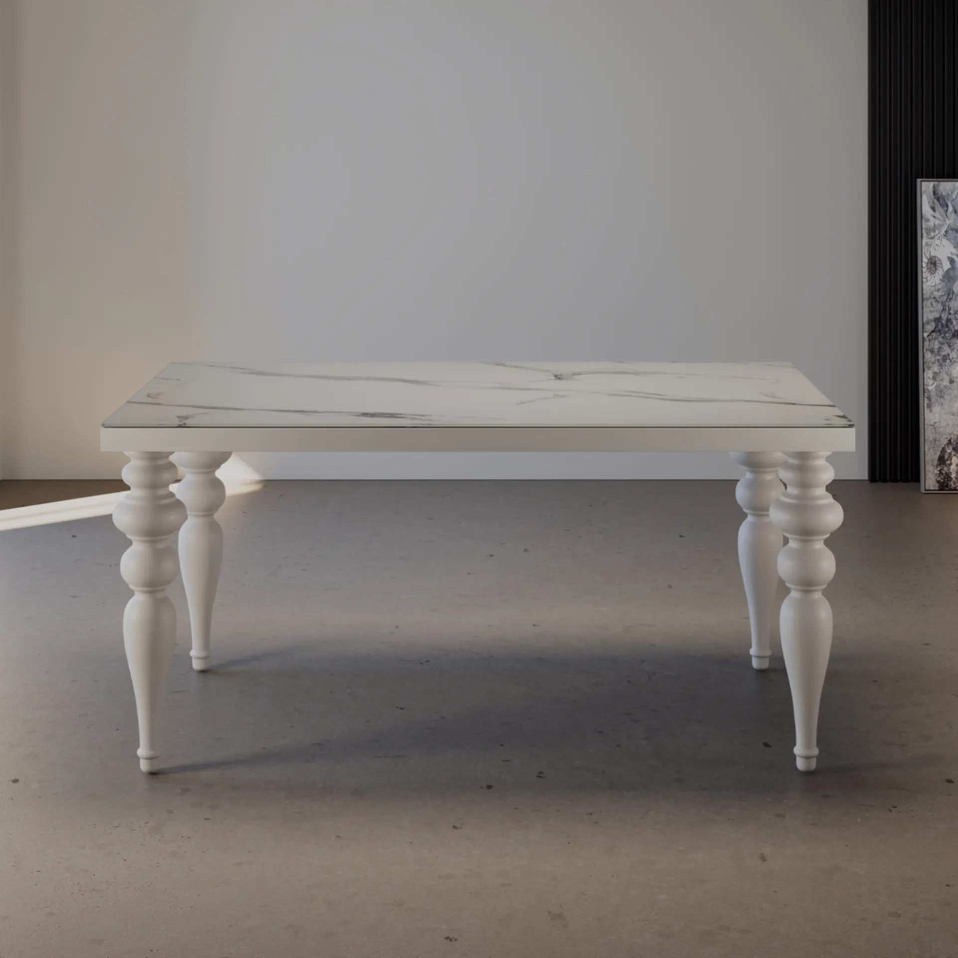 Tavolo Capri Tecnolegno con piano in ceramica effetto marmo bianco e gambe tornite bianche