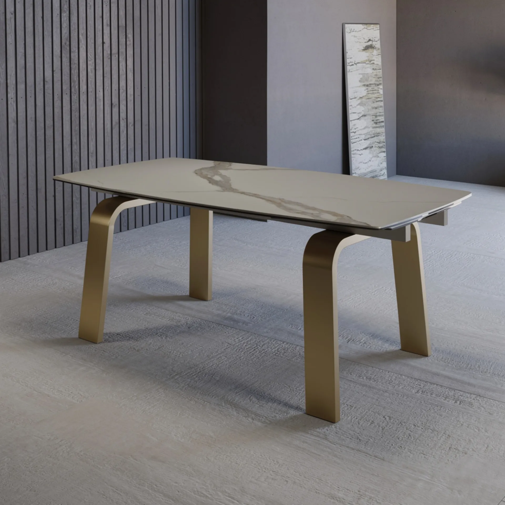 Tavolo Marsiglia botte Tecnolegno con piano effetto marmo e gambe curvate color oro