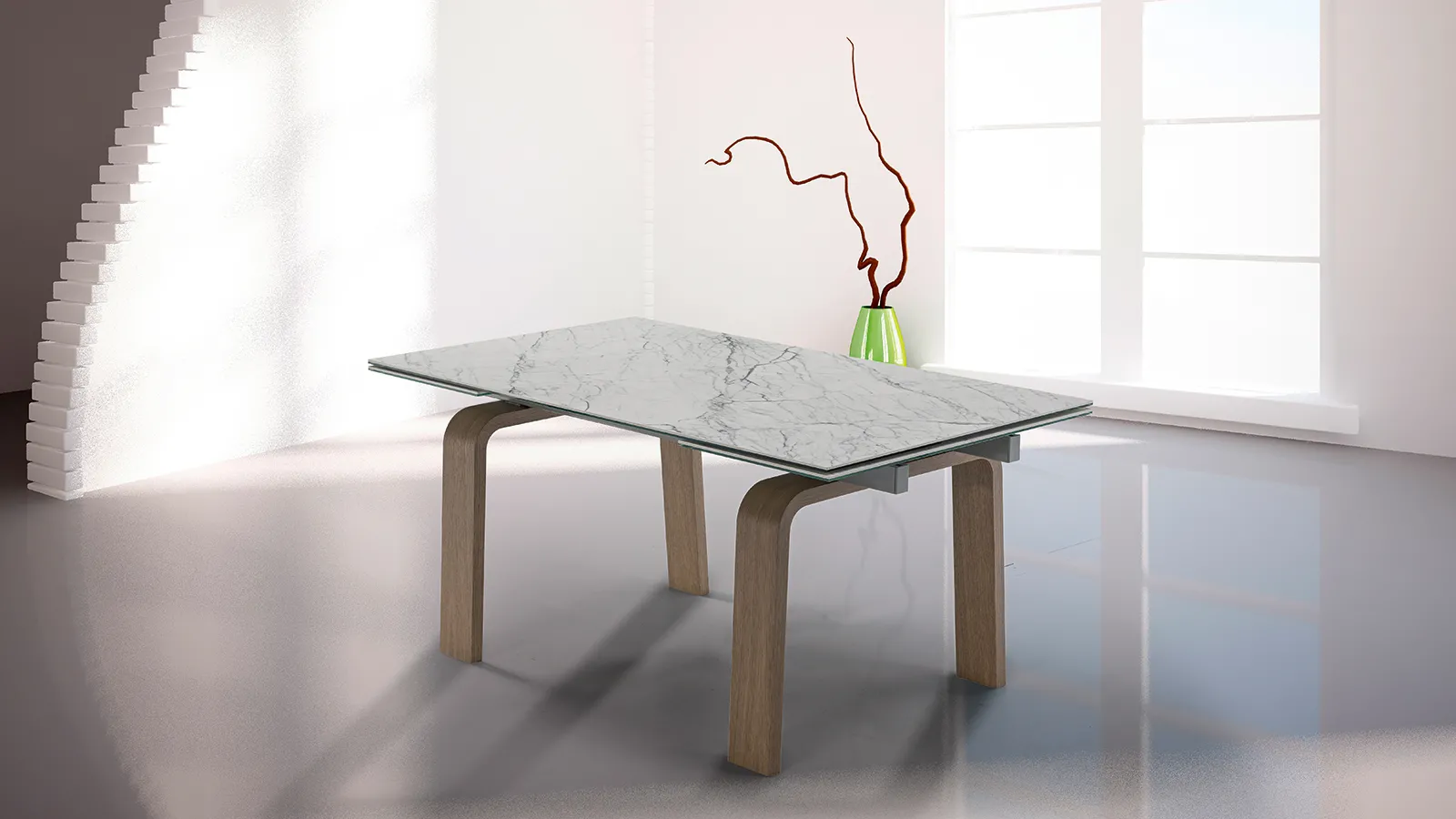 Tavolo Marsiglia Tecnolegno con piano in ceramica chiara e gambe in legno curvato