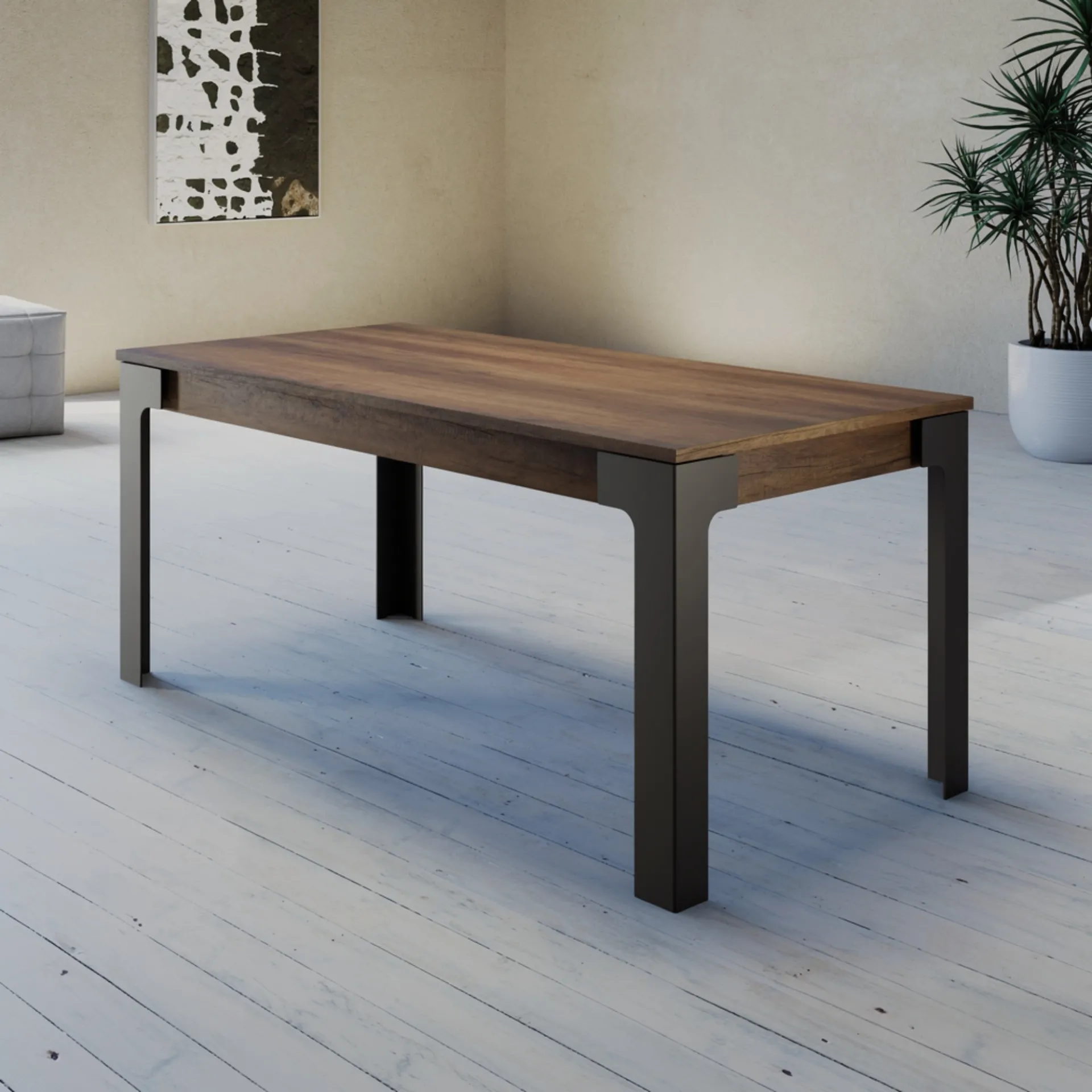Tavolo allungabile Merano Tecnolegno con piano effetto legno scuro e gambe piatte nere