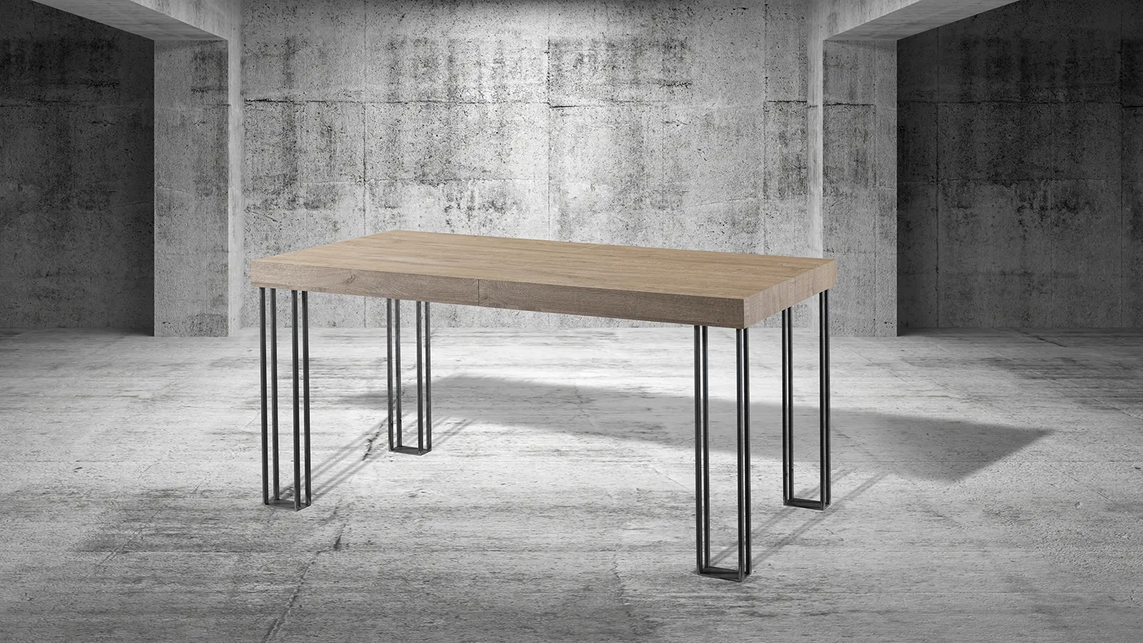 Tavolo Mexico Tecnolegno con piano effetto legno in un ambiente in cemento