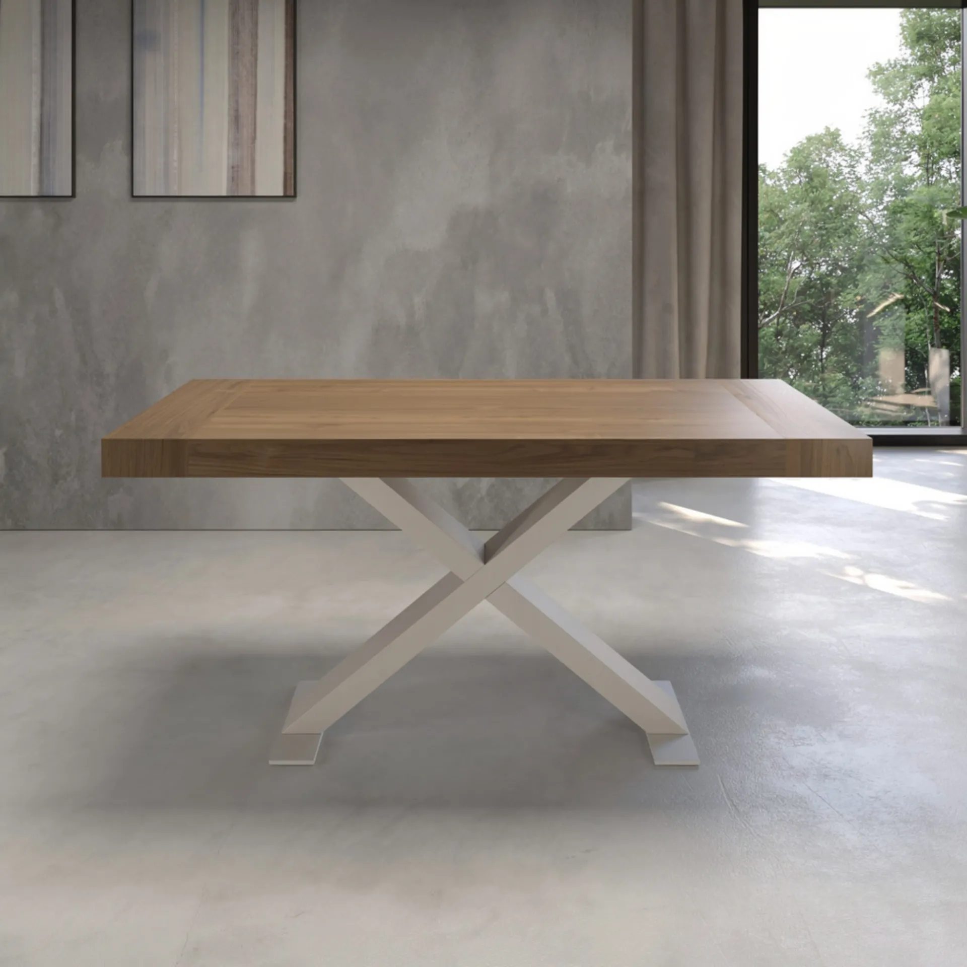 Tavolo allungabile Monaco Tecnolegno con piano effetto legno e basamento incrociato bianco