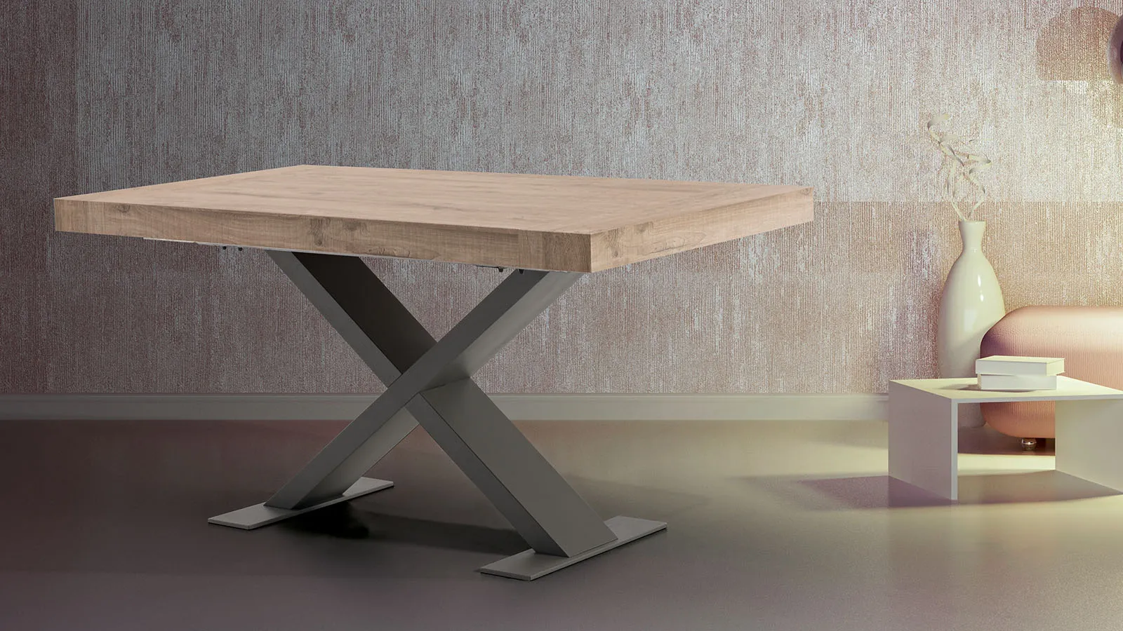 Tavolo Monaco Tecnolegno con piano rovere e basamento grigio in un ambiente chiaro
