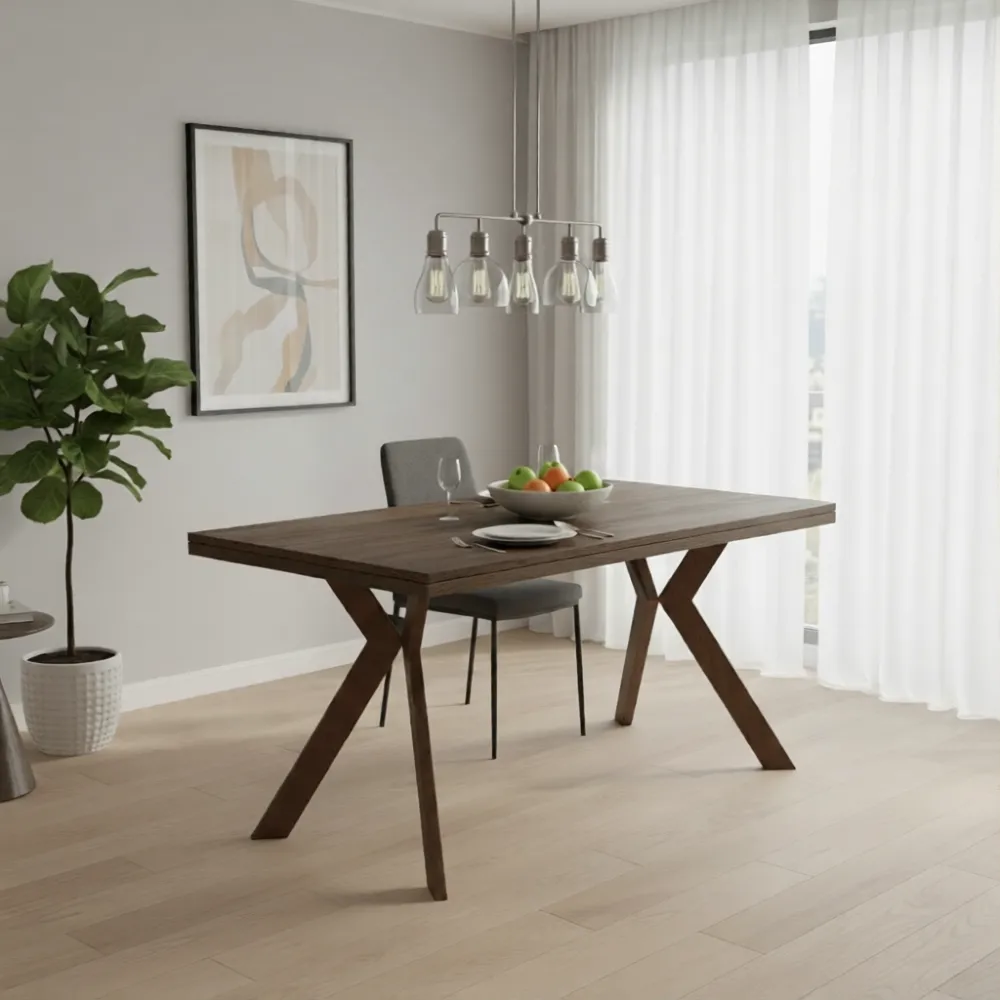 Tavolo Nardò Tecnolegno con piano effetto legno scuro in una sala da pranzo luminosa