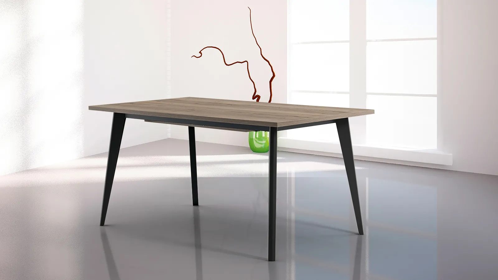 Tavolo Nasso Tecnolegno con piano effetto legno e gambe nere in un ambiente bianco