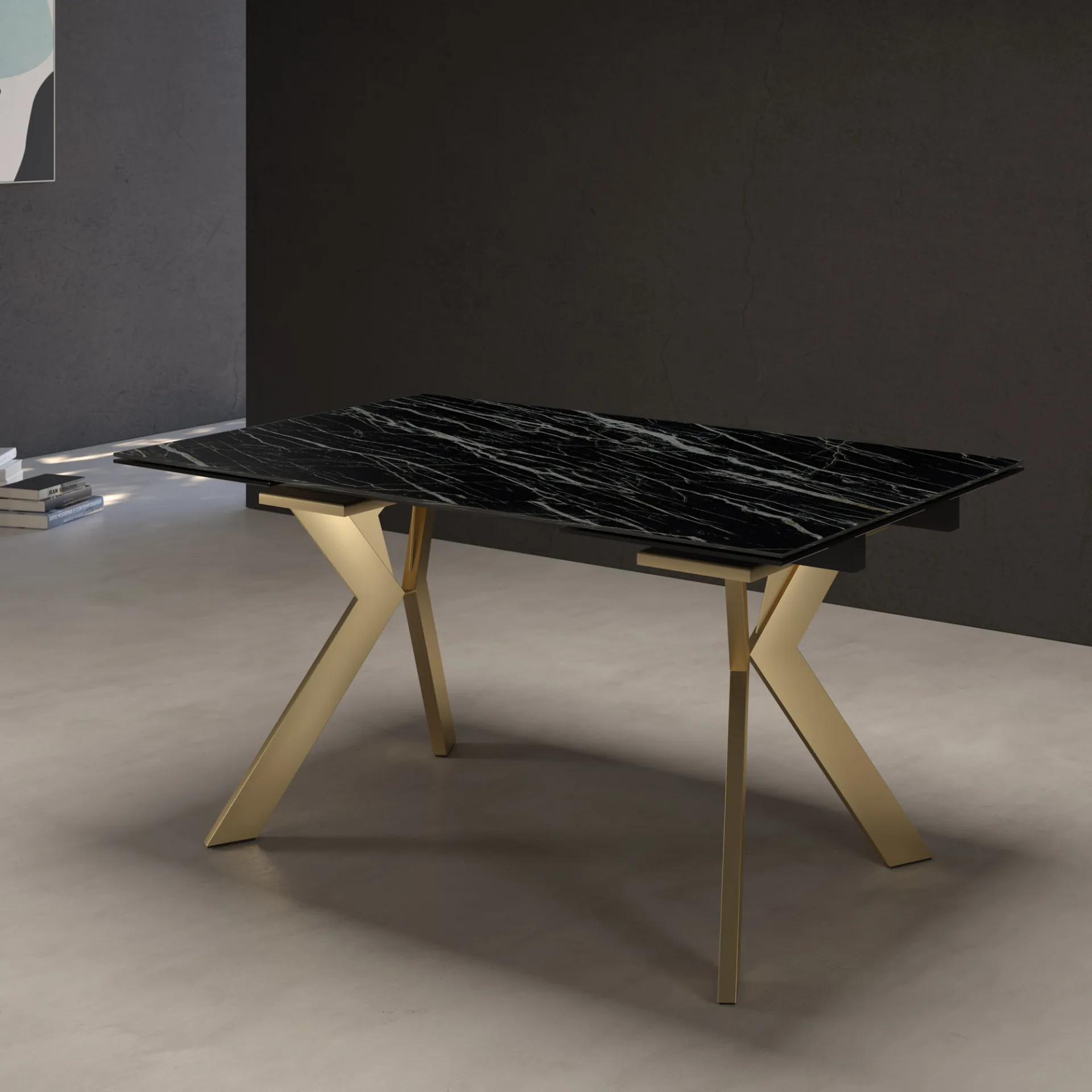 Tavolo allungabile Panarea Tecnolegno con piano effetto marmo nero e gambe oro