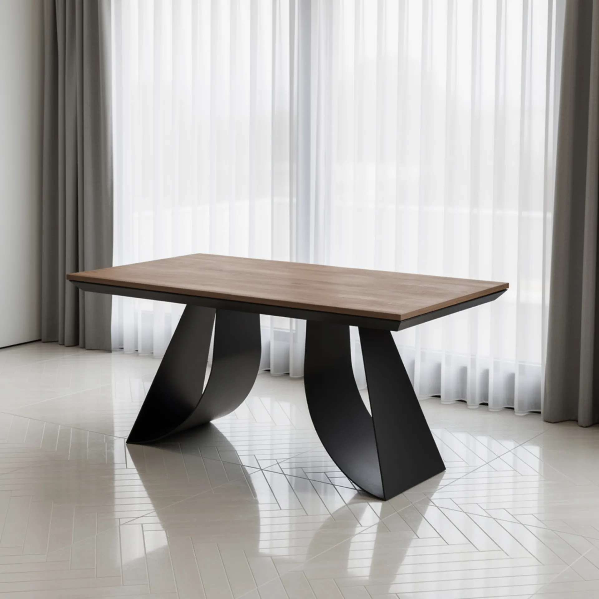 Tavolo allungabile Riccione Tecnolegno con piano effetto noce e basamenti in metallo nero a doppia ala