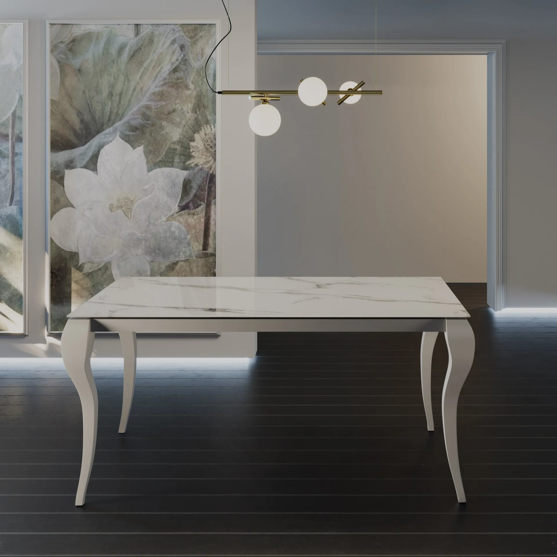 Tavolo Roma Tecnolegno bianco con piano effetto marmo sotto una lampada a sfere