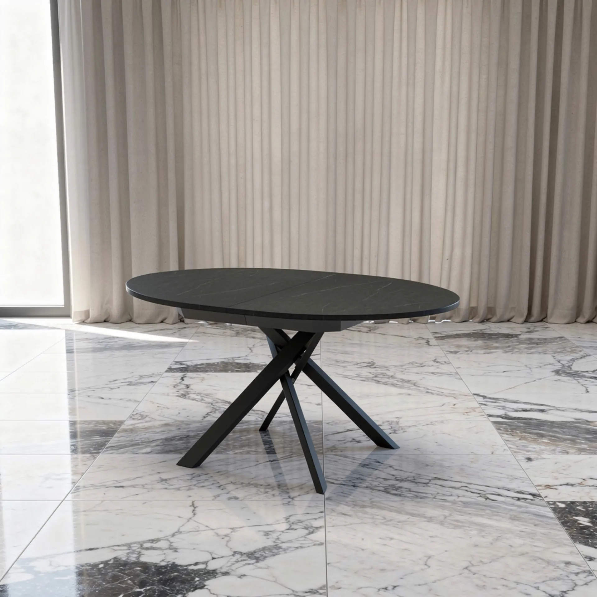 Tavolo San Diego ovale Tecnolegno con piano nero e base nera su pavimento in marmo