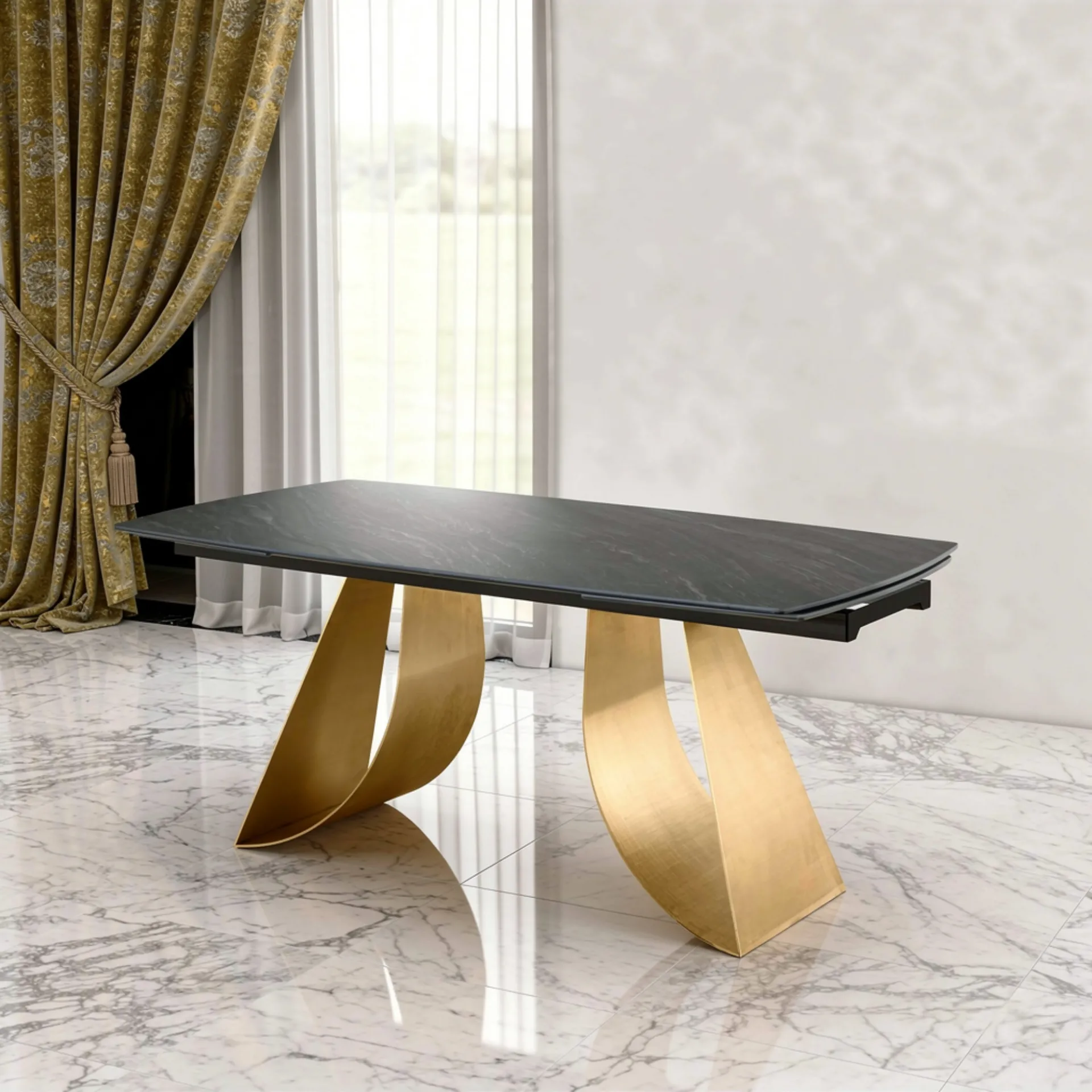 Tavolo allungabile Sanremo Tecnolegno con piano in ceramica nera e basamenti curvi color oro