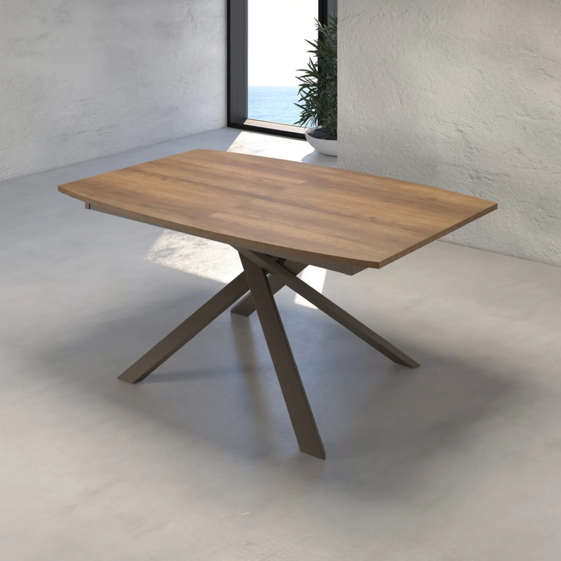 Tavolo Santorini botte Tecnolegno con piano effetto legno e basamento bronzo