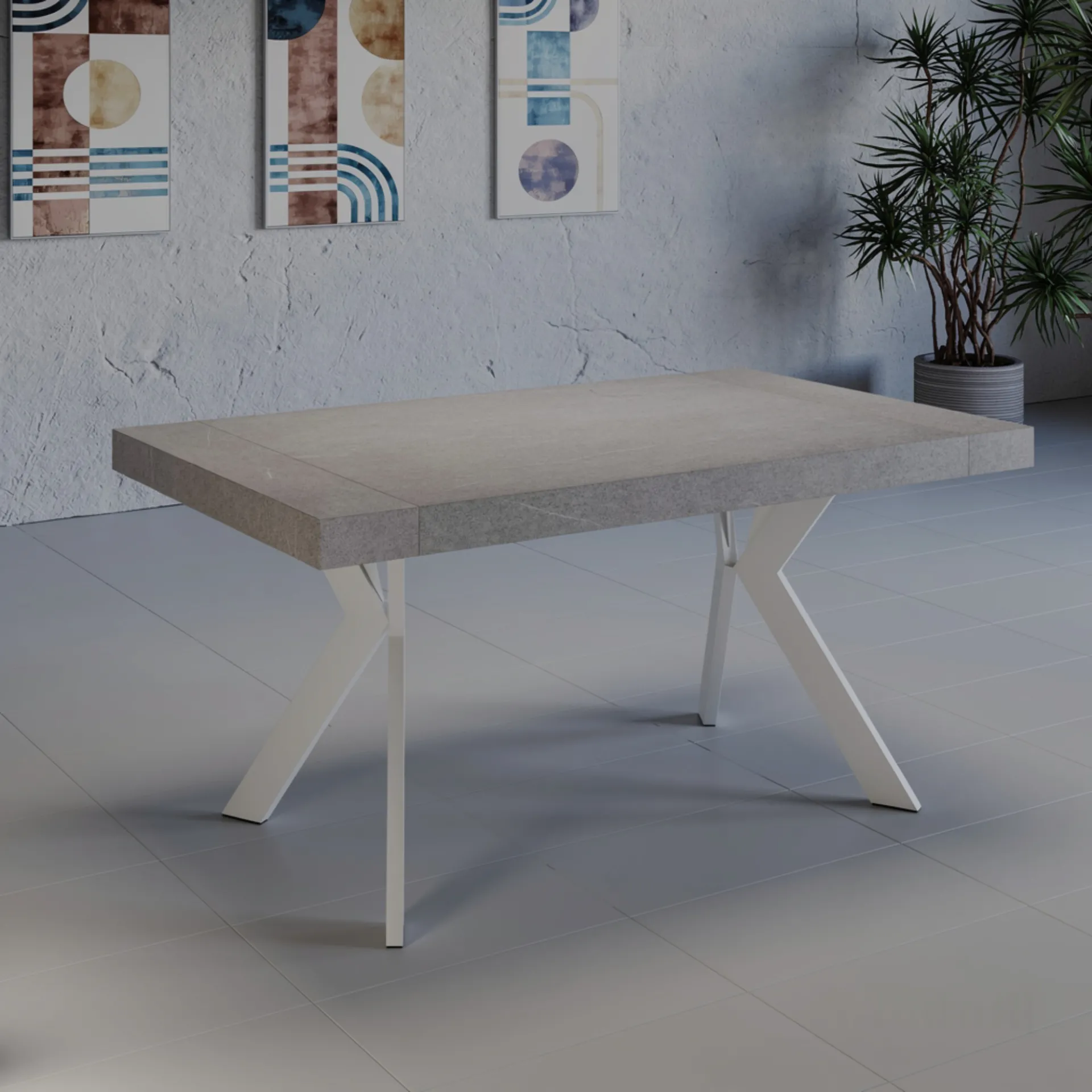 Tavolo Stoccolma Tecnolegno con piano effetto cemento e gambe bianche