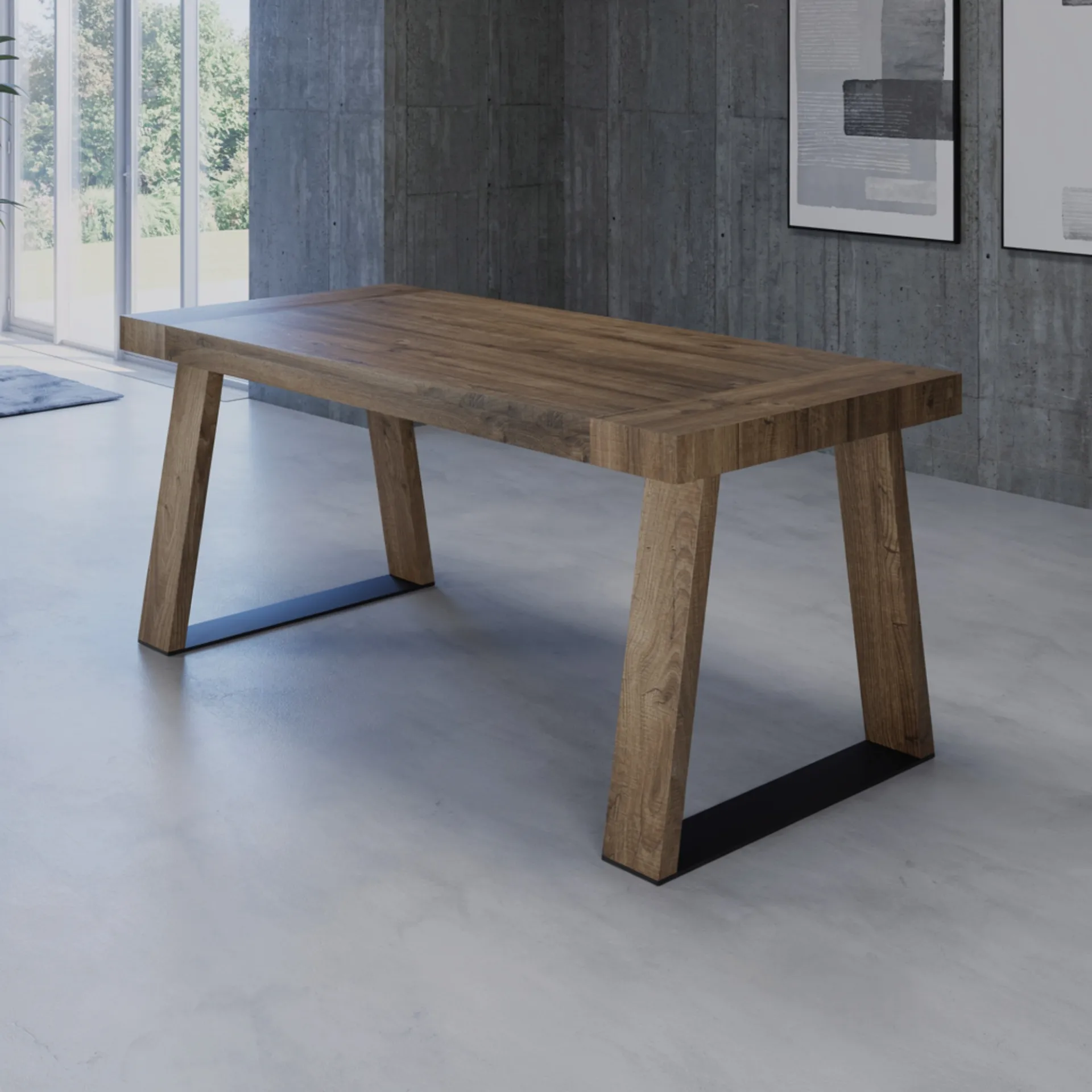 Tavolo Texas Tecnolegno in finitura legno con gambe a portale e piede nero